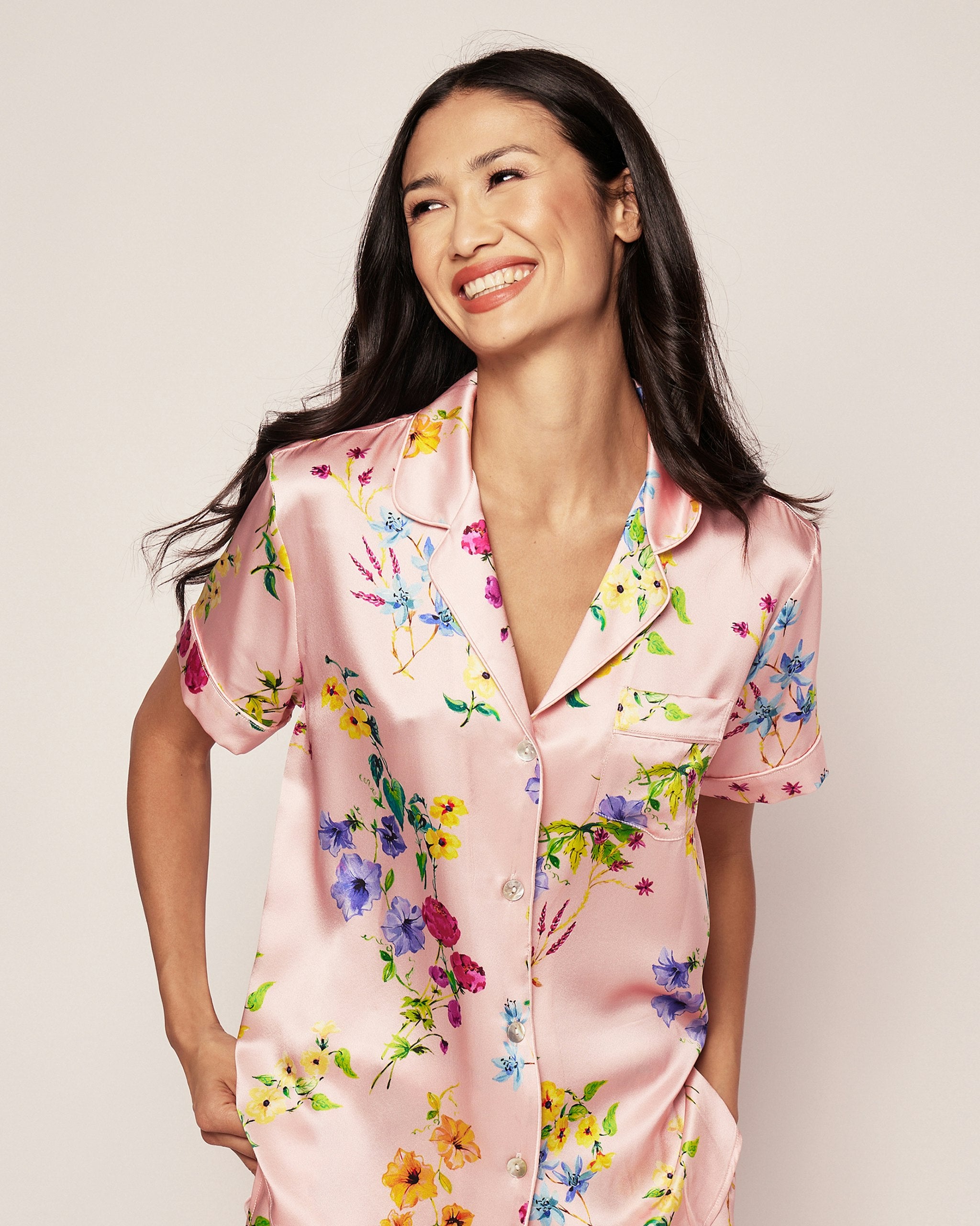 Women's Silk Pajama Short Set in Azure Brilliant Botanical in Blush#Color_Blush