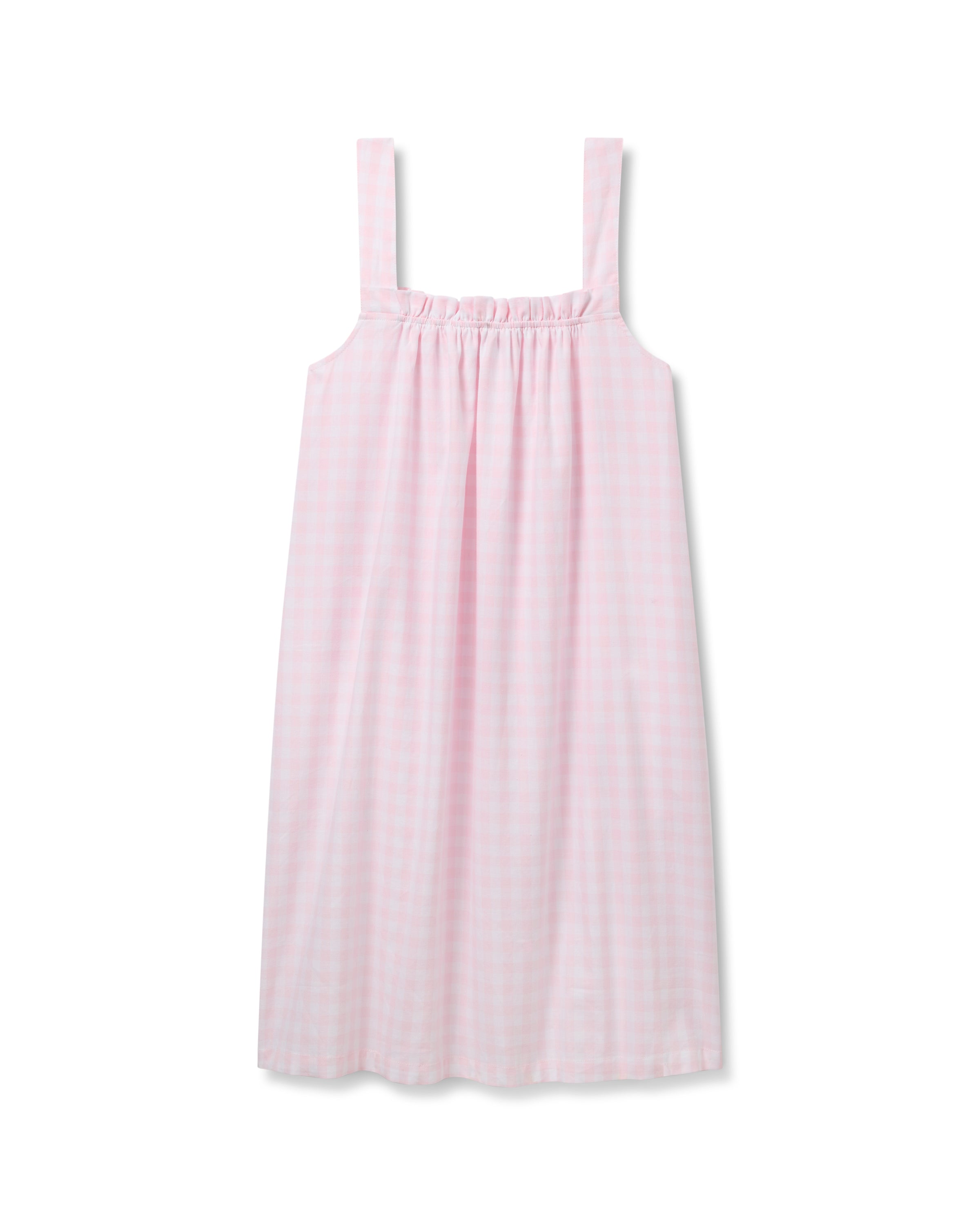 The Womens Twill Annabelle Nightgown in Pink Gingham by Petite Plume is a sleeveless, loose-fitting dress with wide shoulder straps and a gathered neckline. Its casual comfort on a pink and white gingham print makes it ideal for luxury sleepwear.