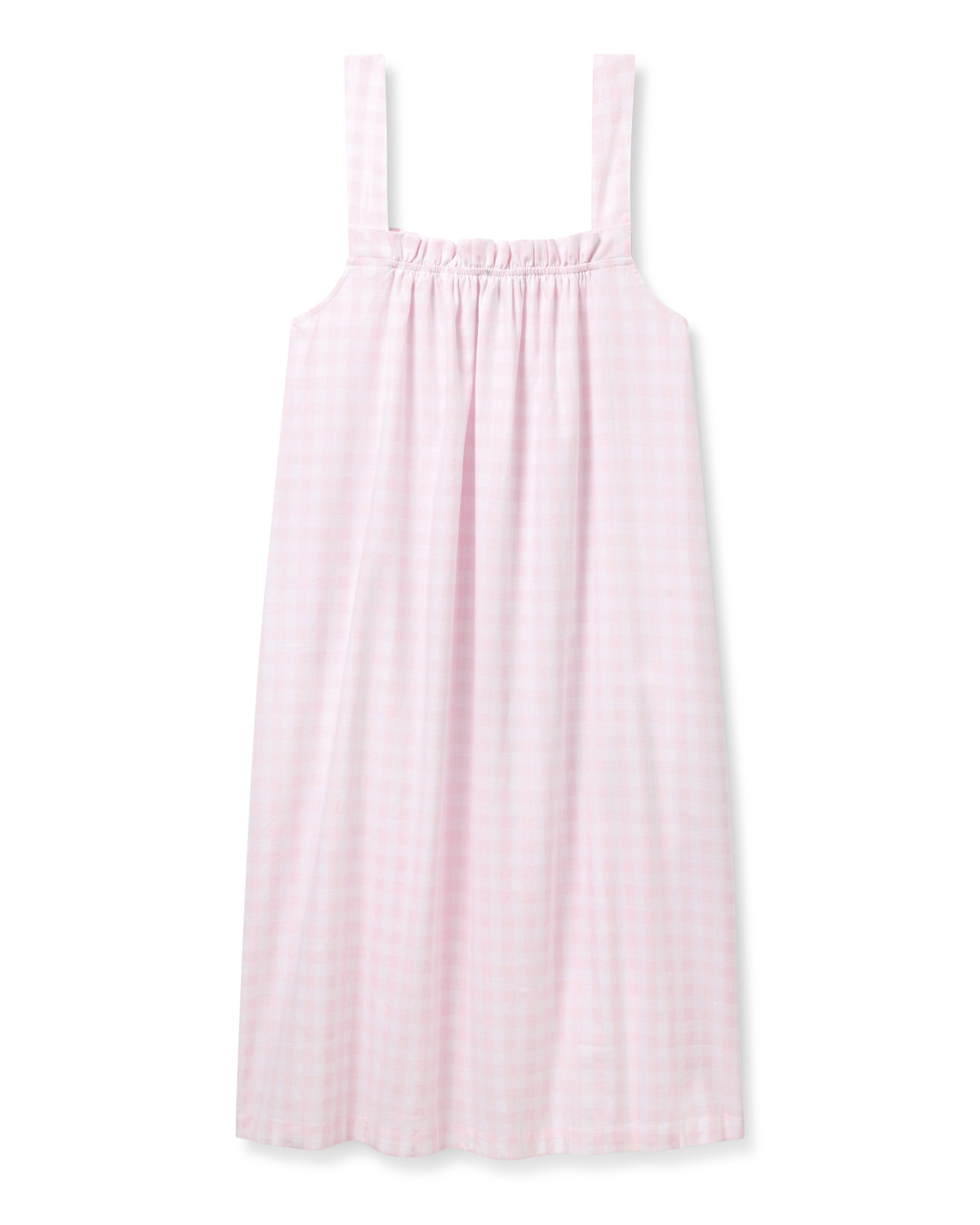 Women's Twill Annabelle Nightgown in Pink Gingham features a light pink and white gingham pattern, sleeveless design with wide shoulder straps, and a loose, gathered silhouette. Displayed flat on a white background.