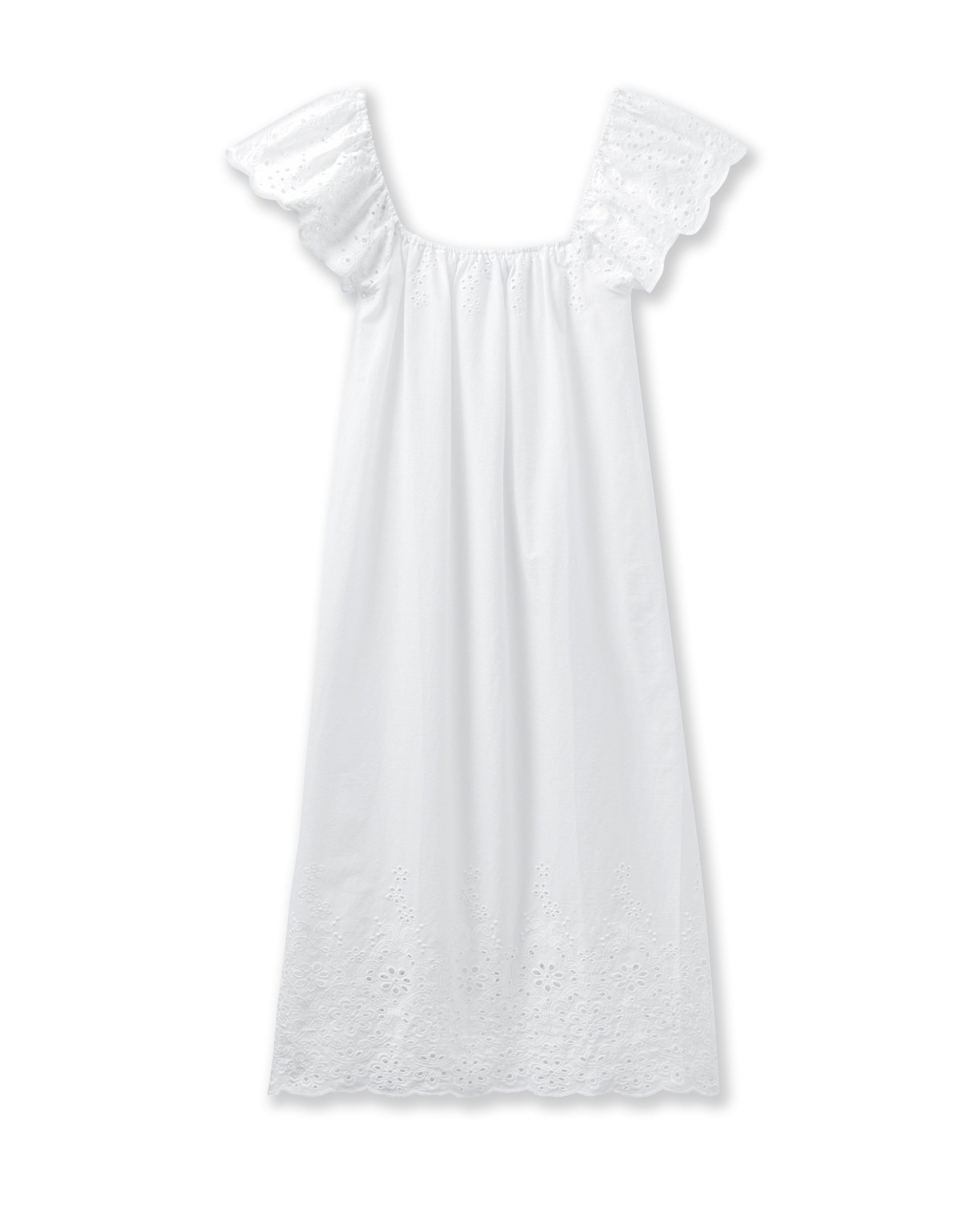 The Womens Twill Ava Nightgown in White by Petite Plume features ruffled eyelet lace cap sleeves, a loose fit, and delicate embroidery. Its airy fabric evokes timeless comfort and the elegant style of vintage cotton sleepwear.