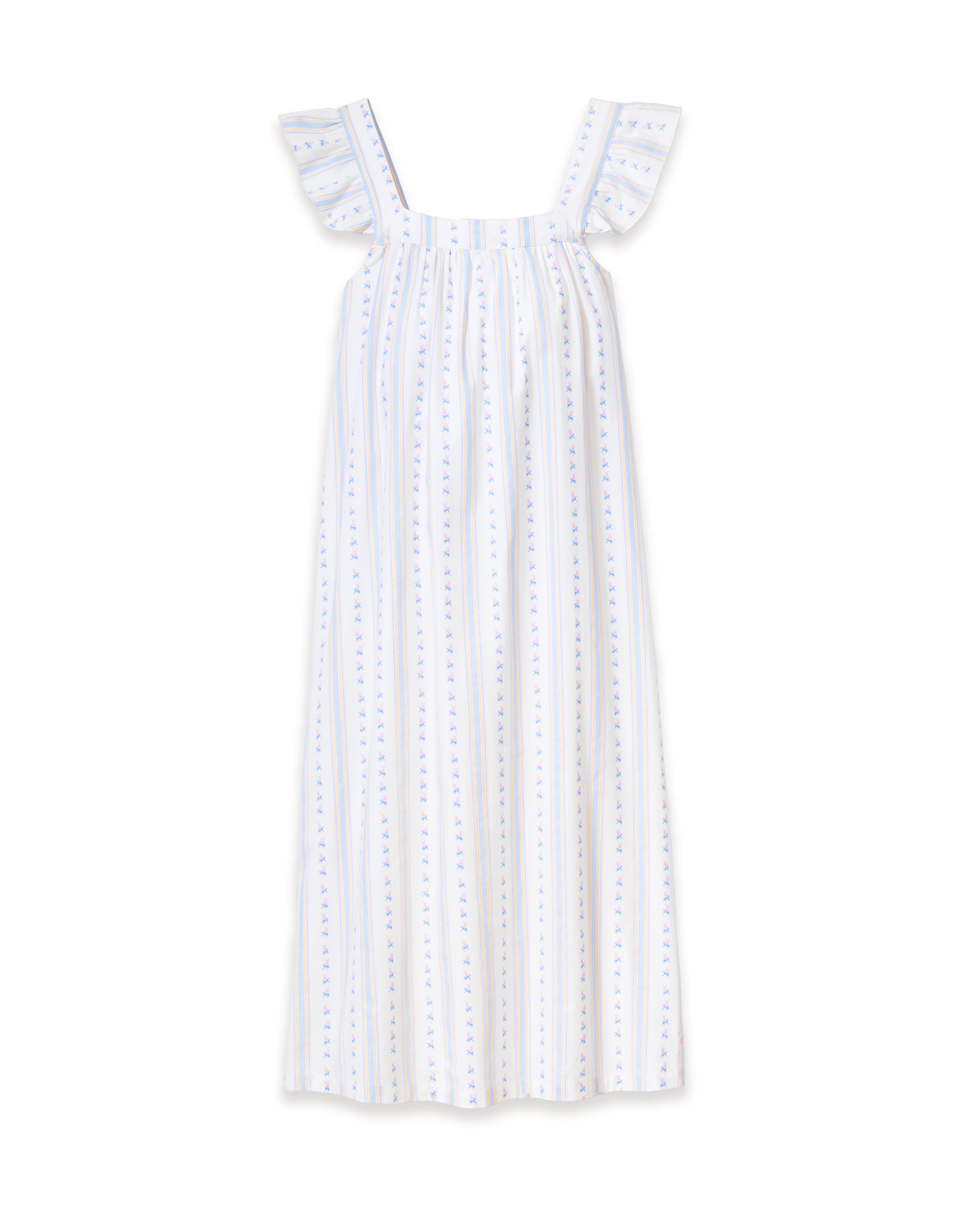 A woman stands barefoot against a plain light background wearing the Women's Twill Clara Nightgown in Cottage Stripe, featuring a long, loose fit with pastel vertical stripes and ruffled shoulder straps.