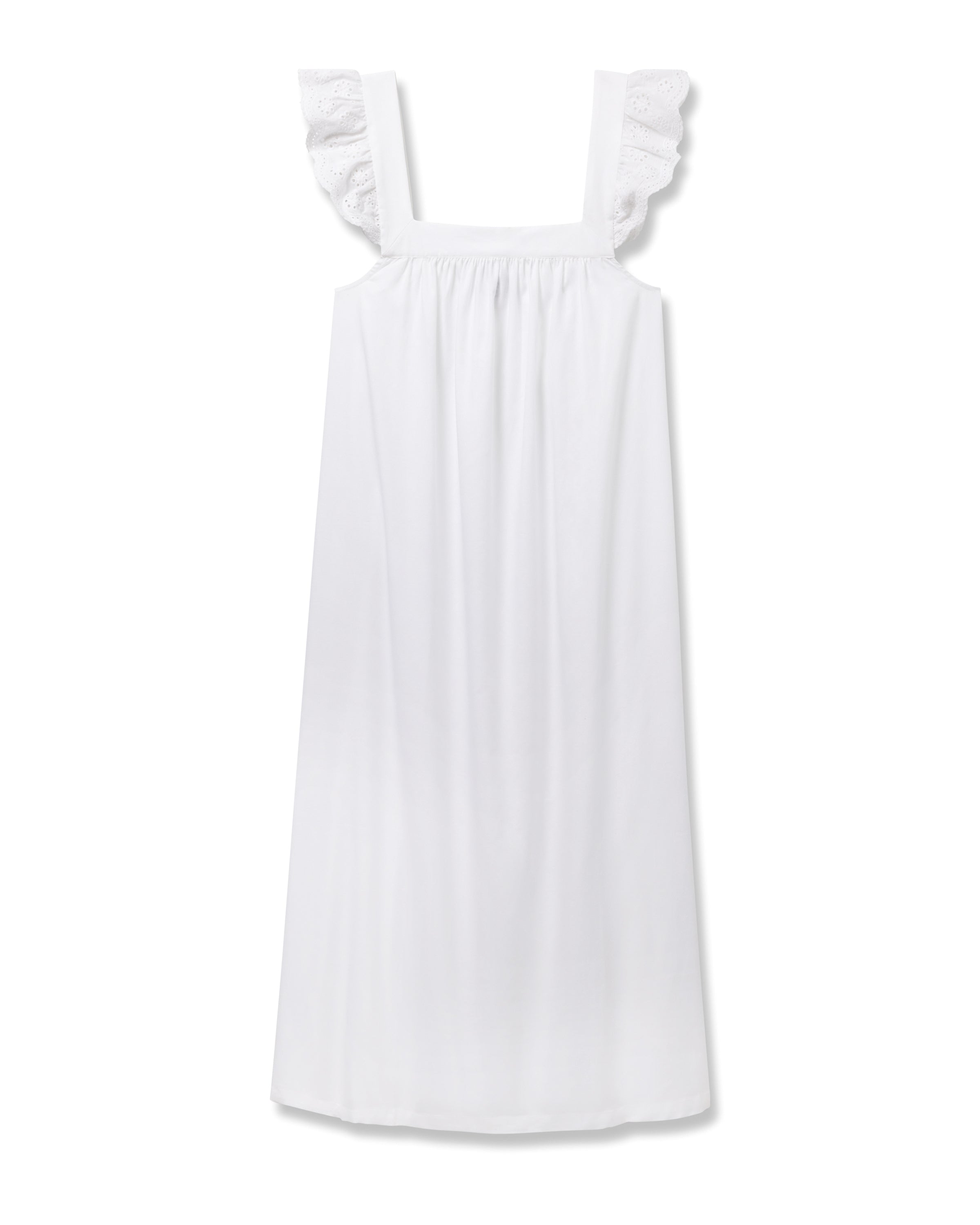 The Petite Plume Womens Twill Clara Nightgown in White features a sleeveless design, square neckline, and ruffled shoulder straps, crafted from premium cotton and shown against a plain white background.