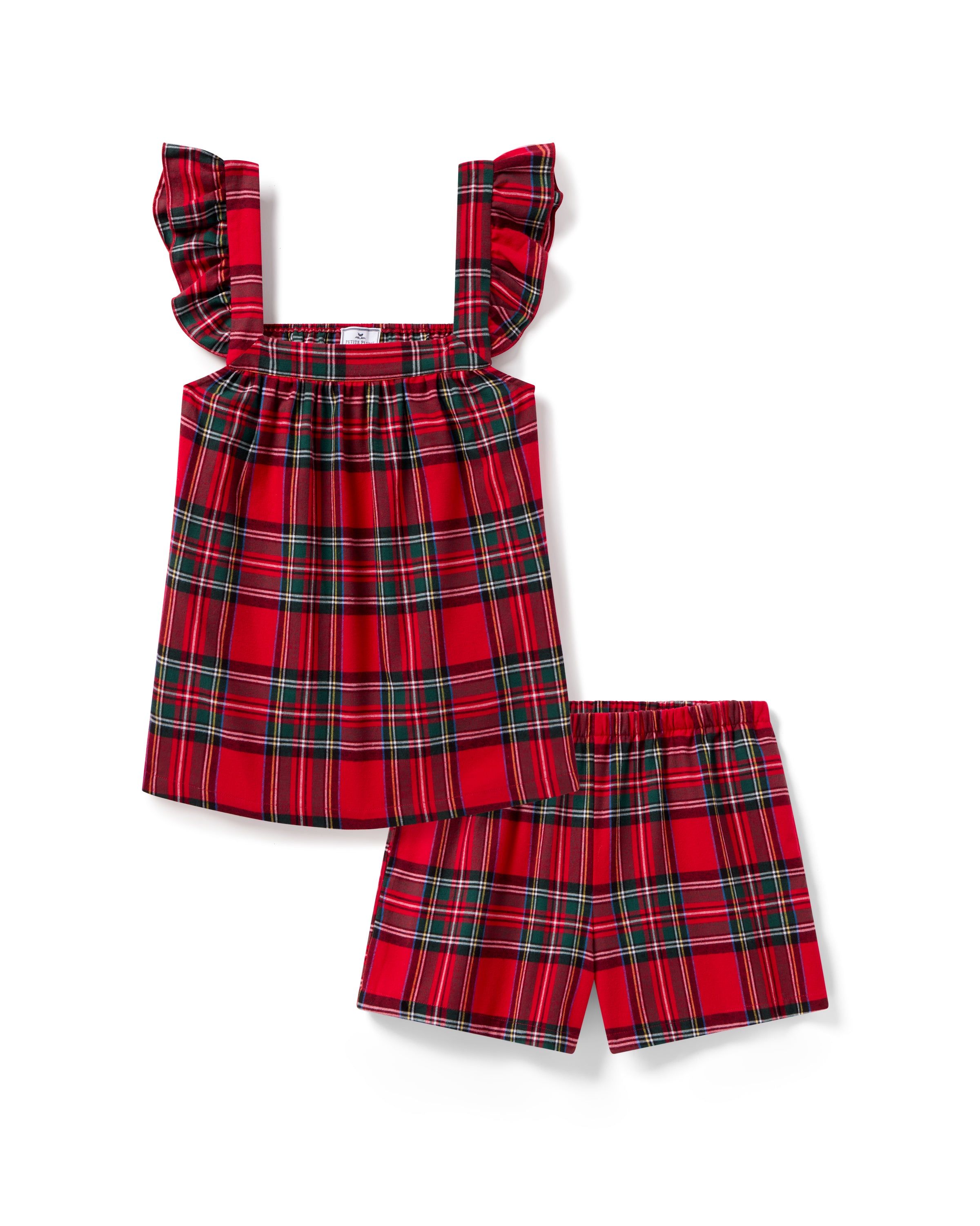 The Women's Brushed Twill Clara Short Set in Imperial Tartan features a red, green, white, and black plaid pattern with a sleeveless ruffled top and elastic-waist shorts, displayed flat on a white background.