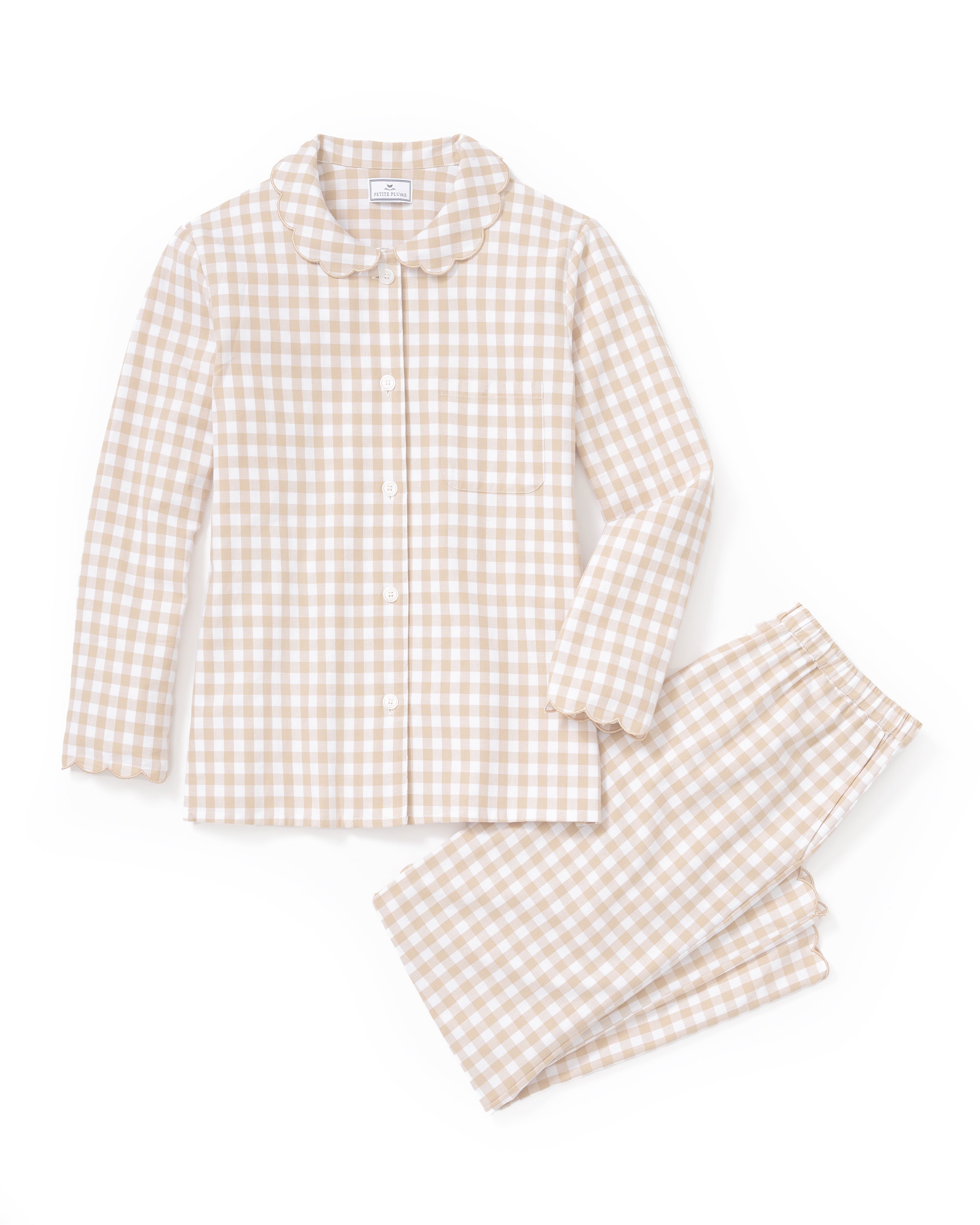 Women's Twill Colette Pajama Set in Camel Gingham, featuring a long-sleeve button-up top with a scalloped collar and matching long pants, shown laid flat on a white background.