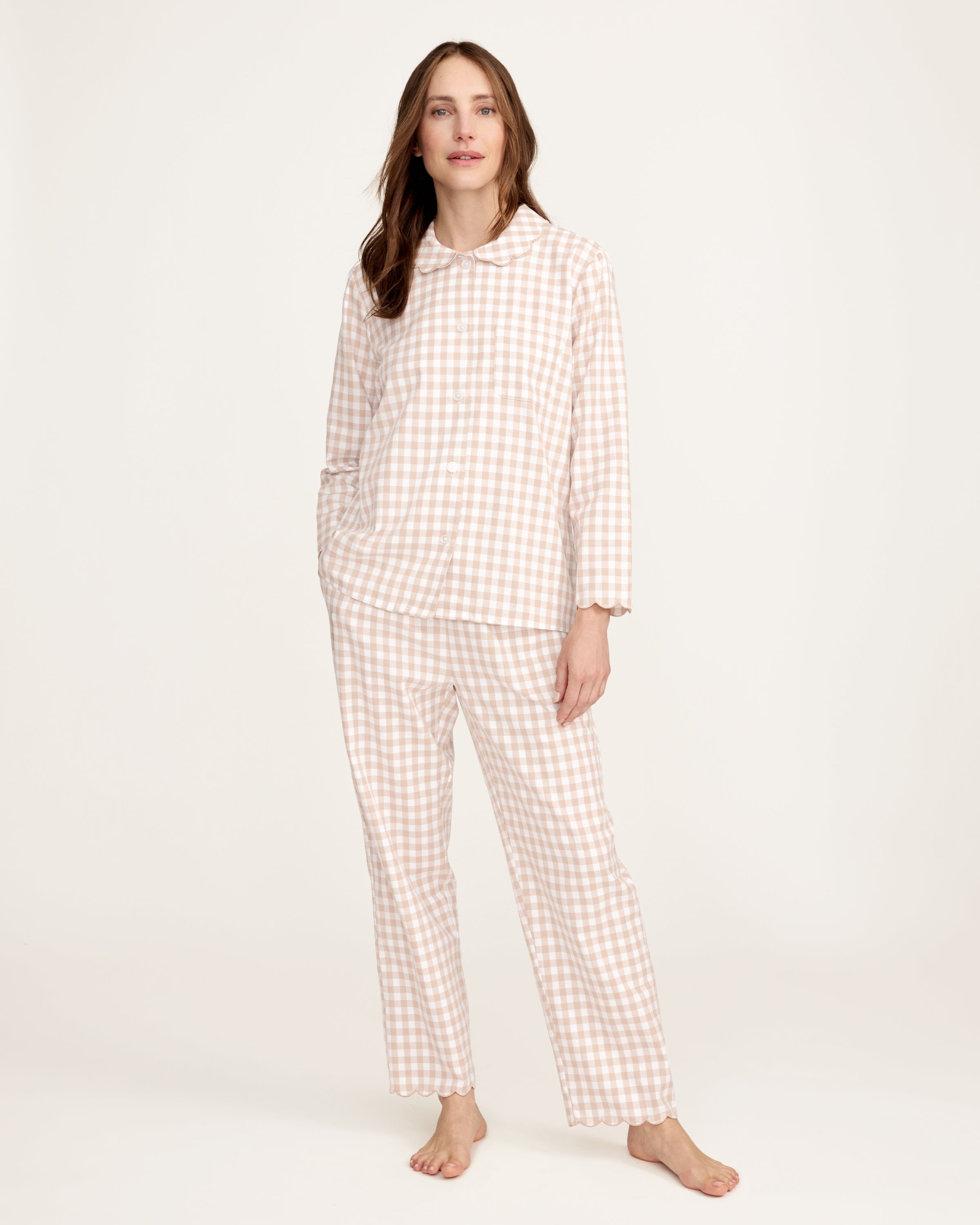 Women's Twill Colette Pajama Set in Camel Gingham, featuring a long-sleeve button-up top with a scalloped collar and matching long pants, shown laid flat on a white background.