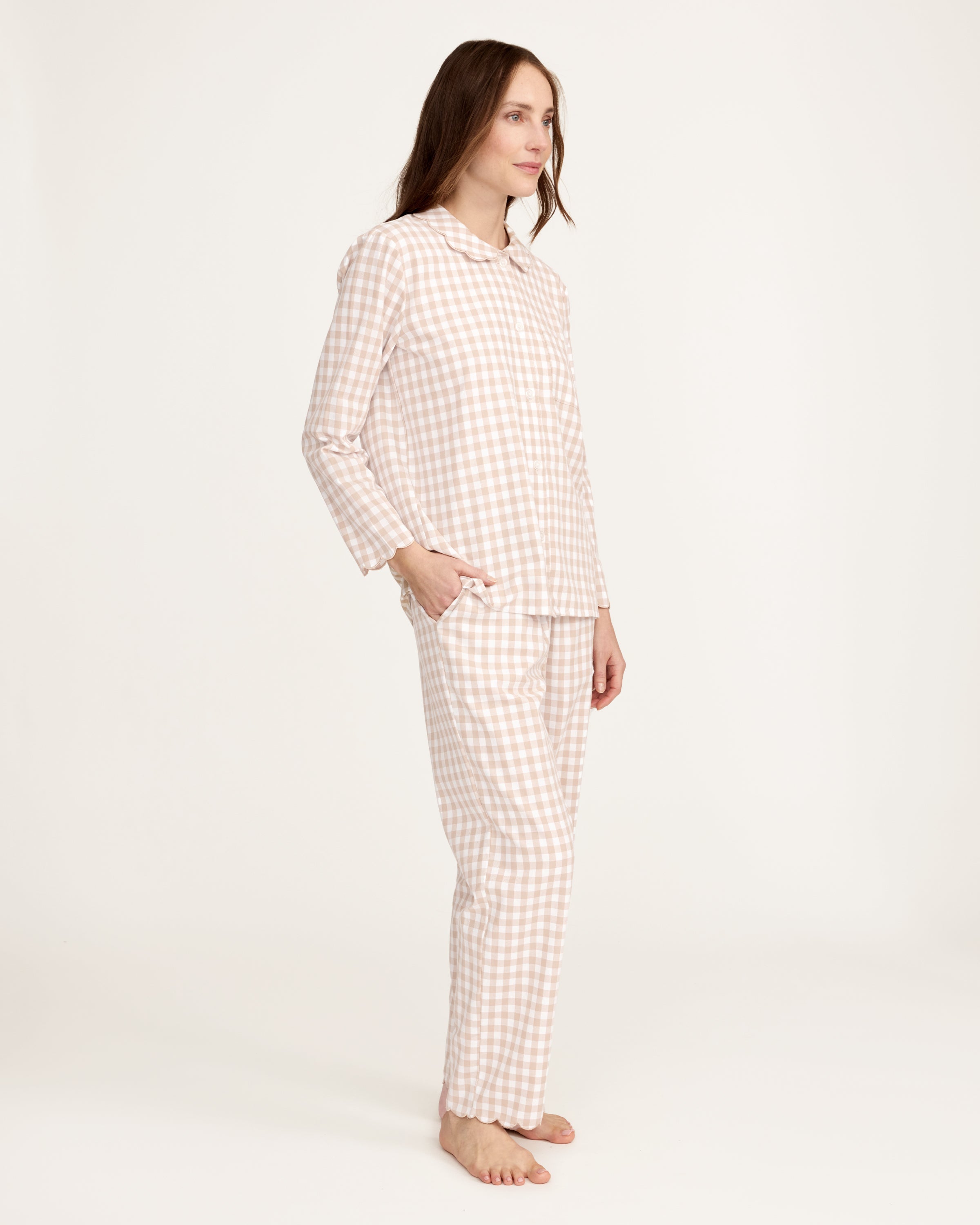 Women's Twill Colette Pajama Set in Camel Gingham, featuring a long-sleeve button-up top with a scalloped collar and matching long pants, shown laid flat on a white background.