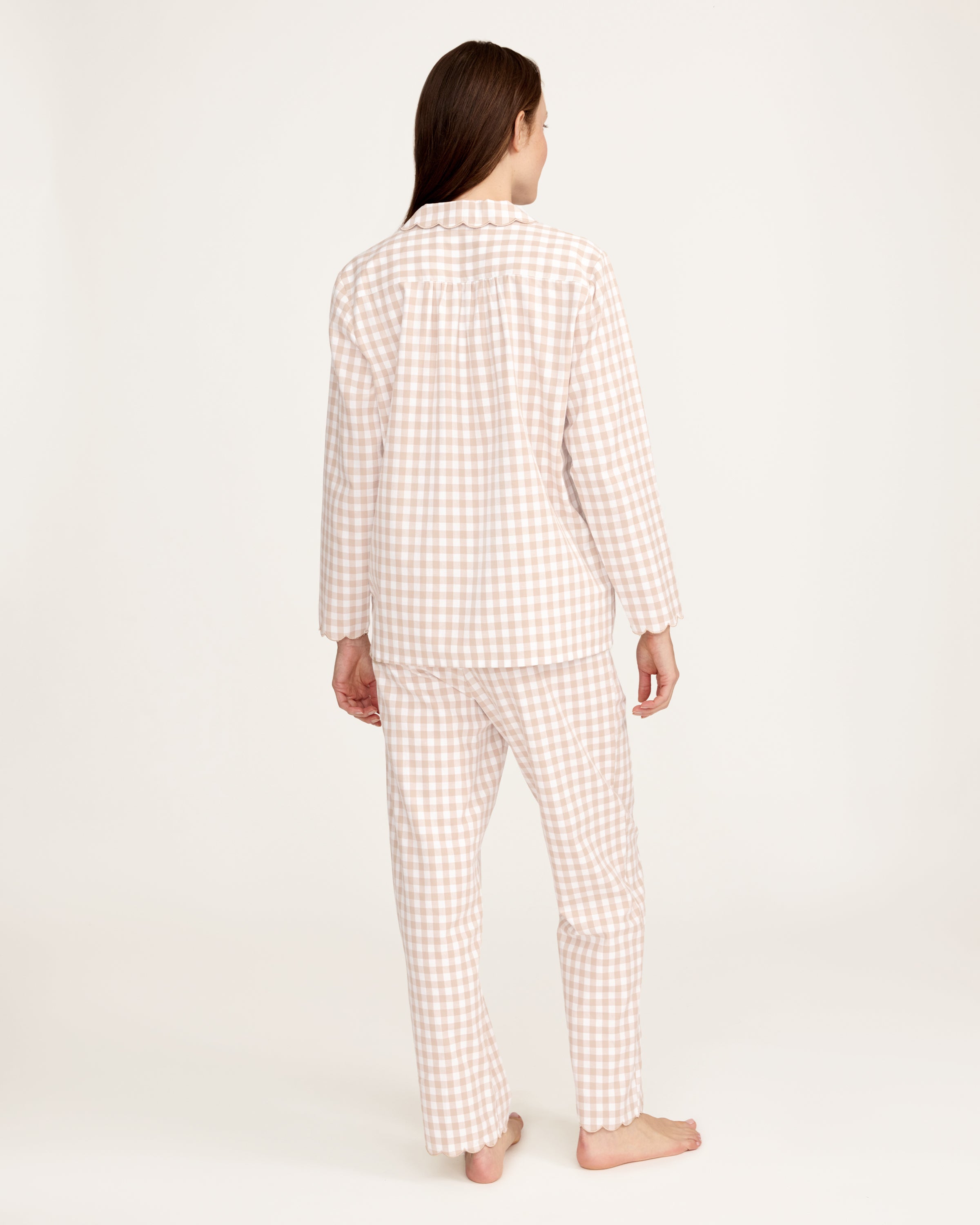 Women's Twill Colette Pajama Set in Camel Gingham, featuring a long-sleeve button-up top with a scalloped collar and matching long pants, shown laid flat on a white background.