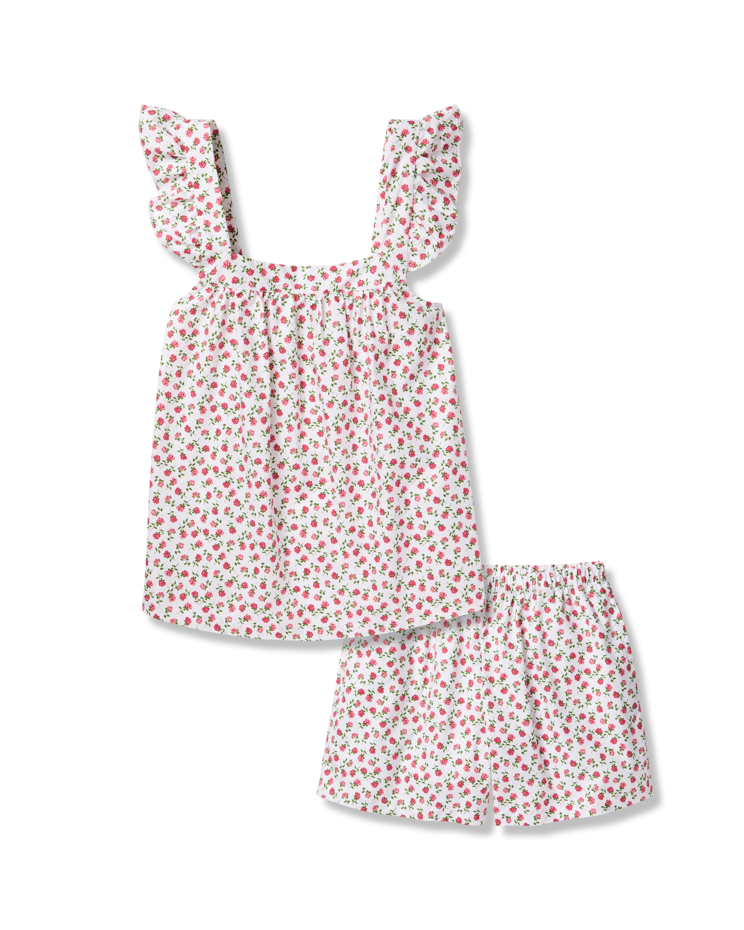 Introducing Petite Plumes Womens Twill Clara Short Set in Petite Petals: a matching ensemble featuring a sleeveless top with ruffled straps and comfy shorts. Crafted from soft cotton sleepwear, it features delicate pink and green flowers on a white backdrop, perfect for stylish lounging.