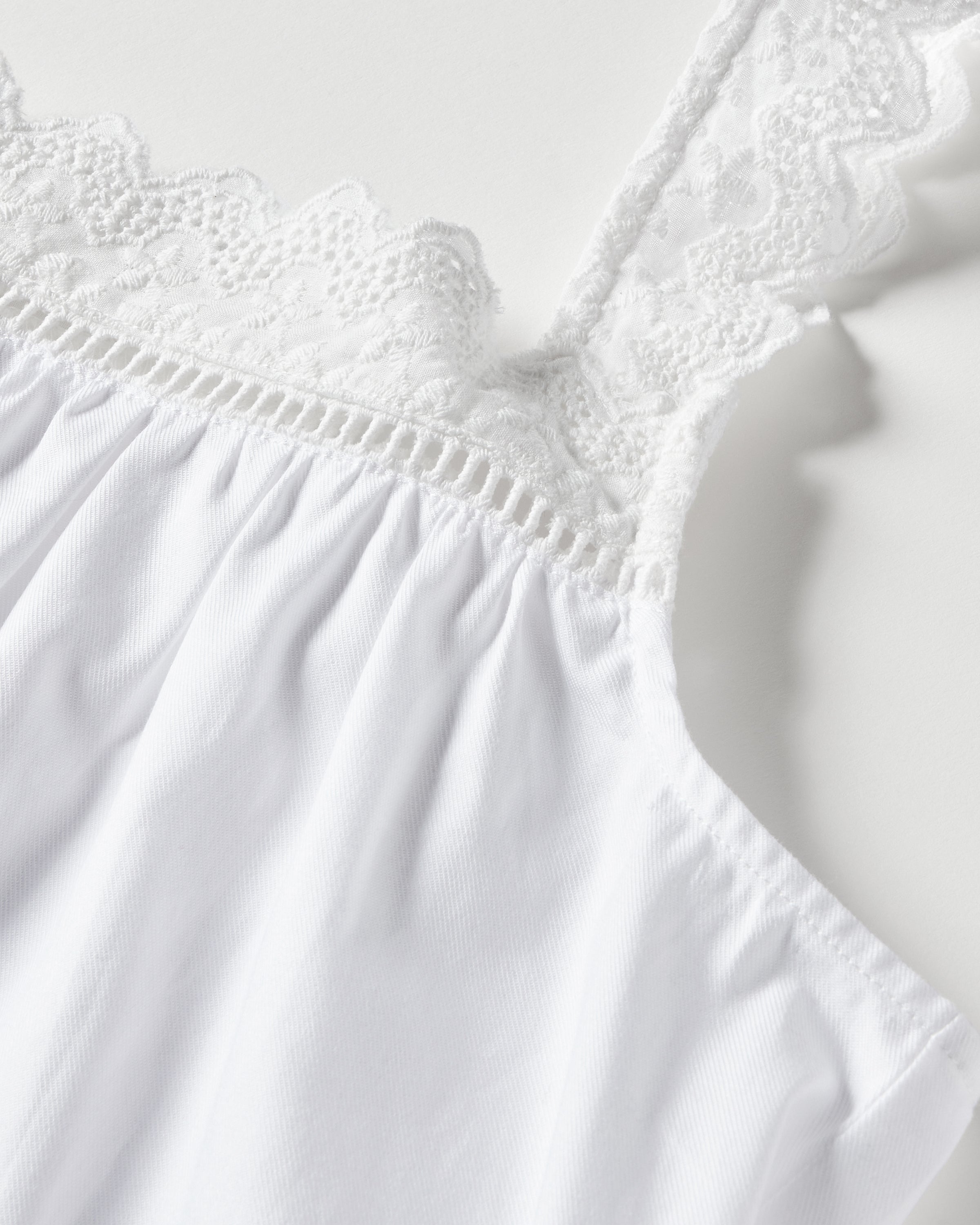 Close-up of the Womens Twill Esme Nightgown in White by Petite Plume, featuring a sleeveless design with delicate lace trim along the neckline. Made from luxurious cotton, it appears soft and gathers below the trim for an elegant touch.