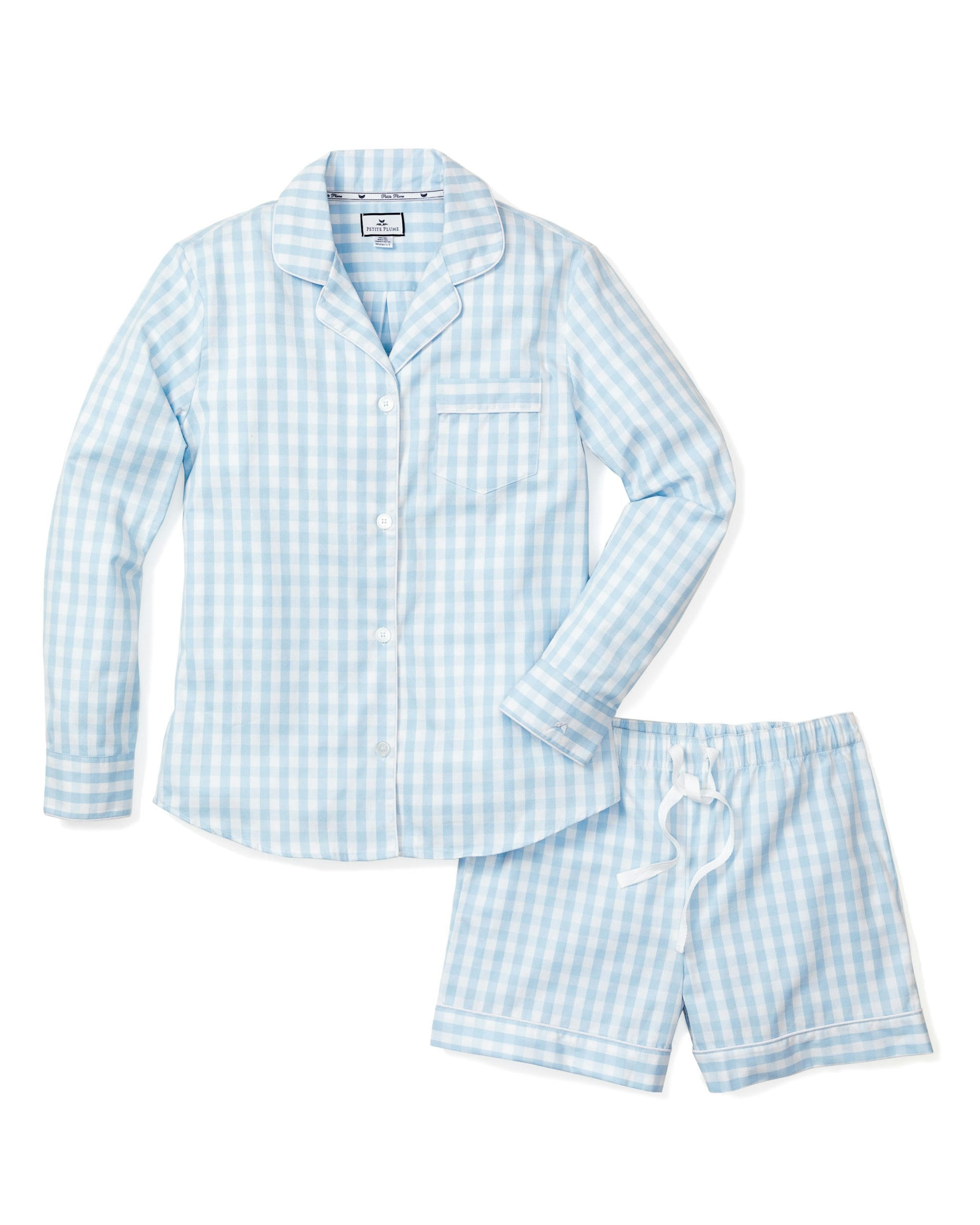 Women's Twill Pajama Long Sleeve Short Set in Navy Gingham in Light Blue Gingham#Colorway_Light Blue Gingham
