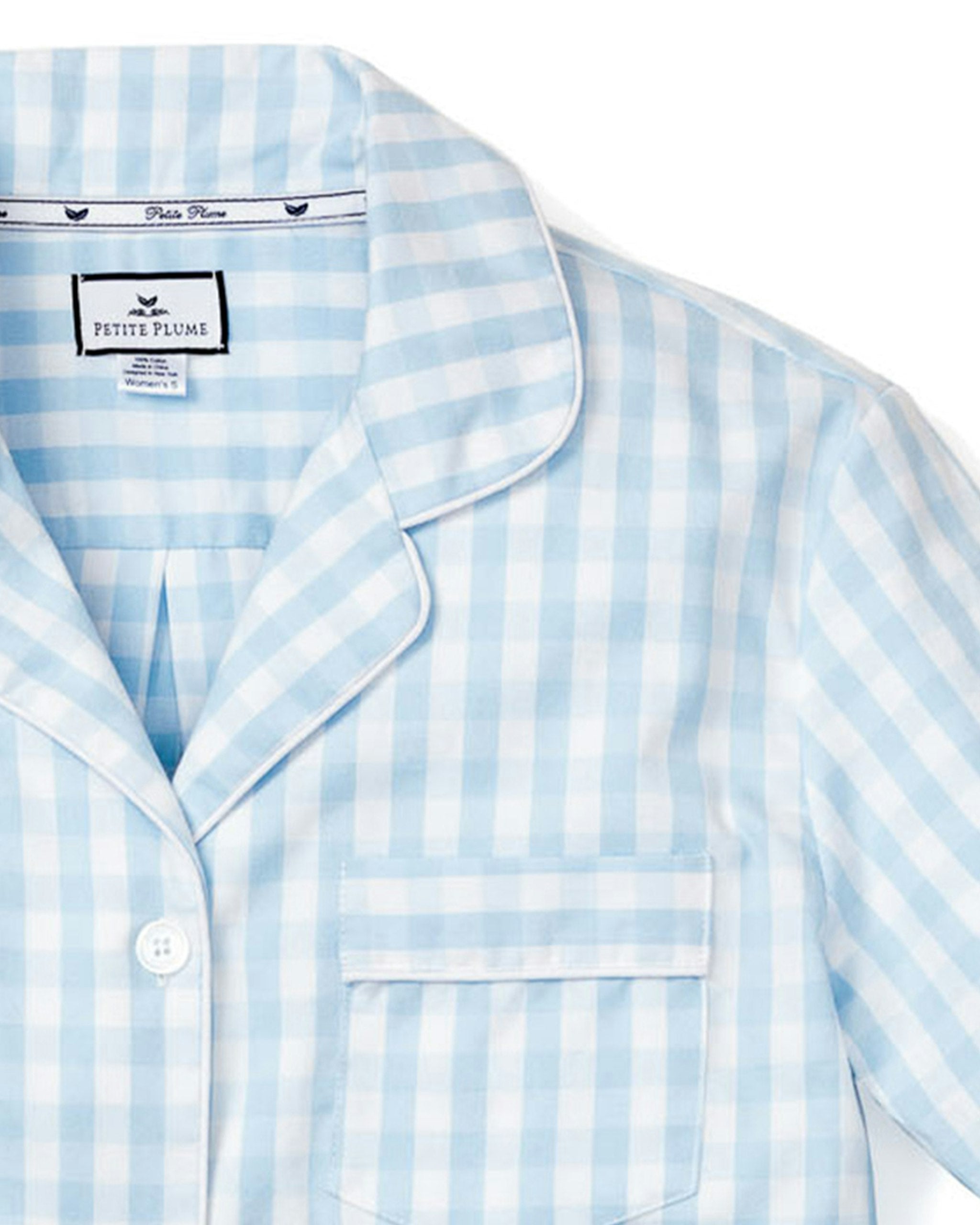 Women's Twill Pajama Long Sleeve Short Set in Navy Gingham in Light Blue Gingham#Colorway_Light Blue Gingham