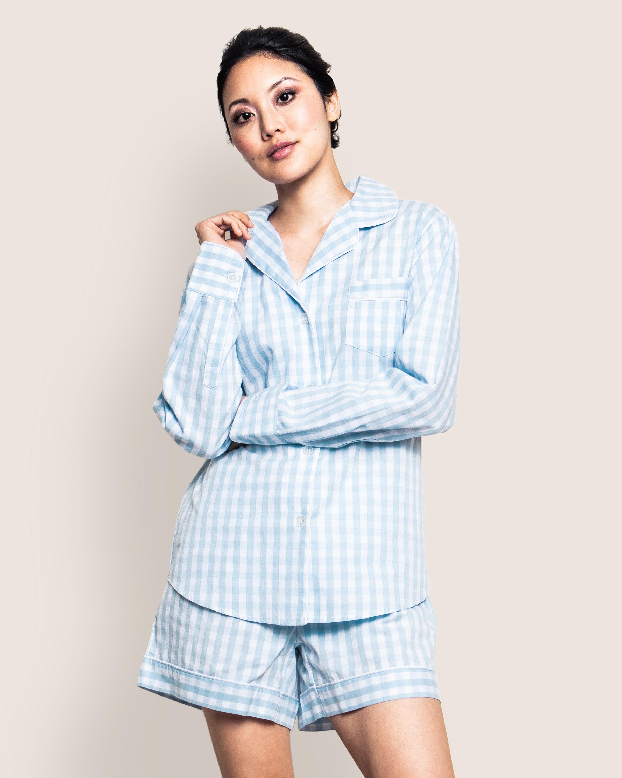Women's Twill Pajama Long Sleeve Short Set in Light Blue Gingham in Light Blue Gingham#Colorway_Light Blue Gingham