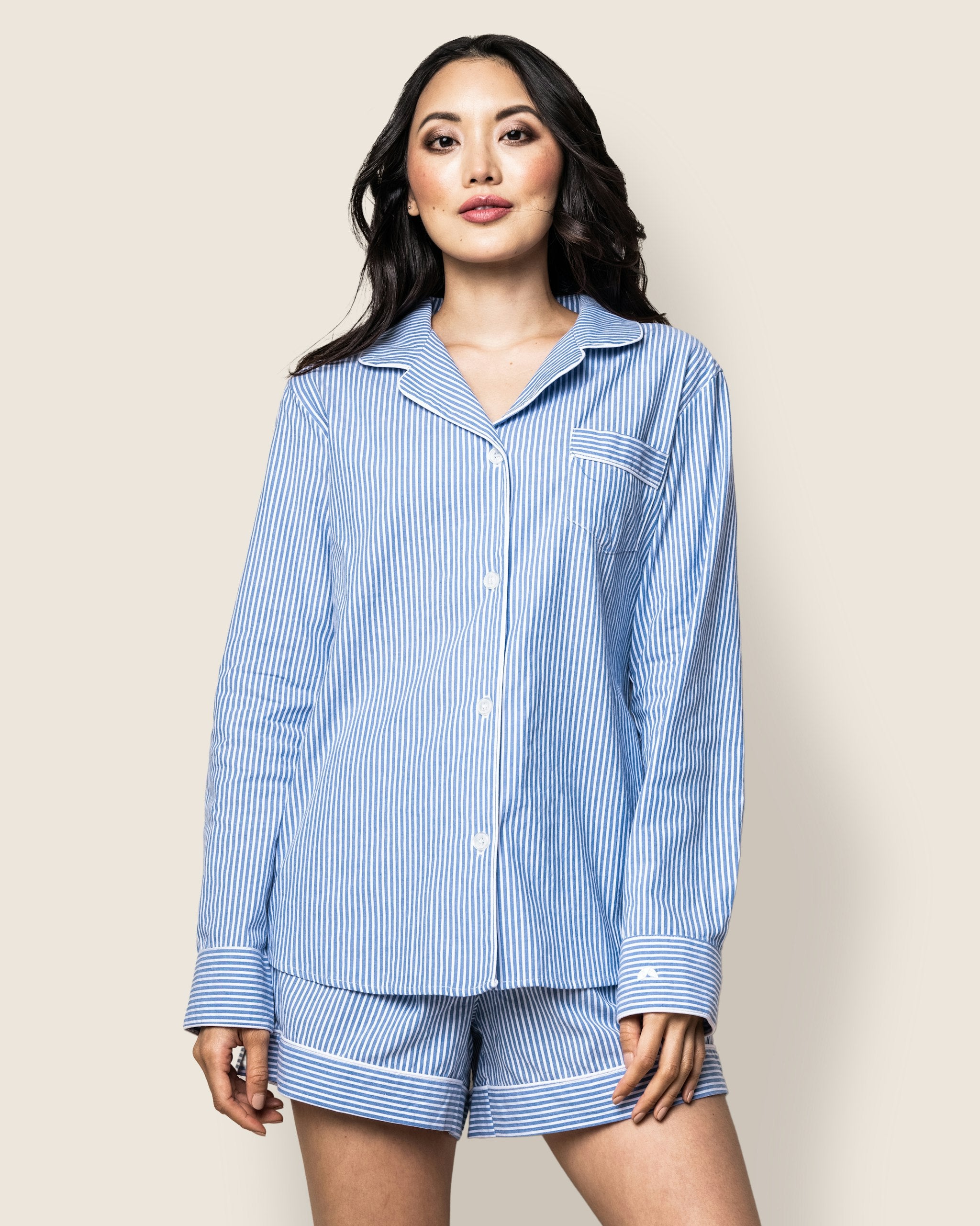 Women's Twill Long Sleeve Short Set in French Blue Stripes in French Blue Stripes#Color_French Blue Stripes
