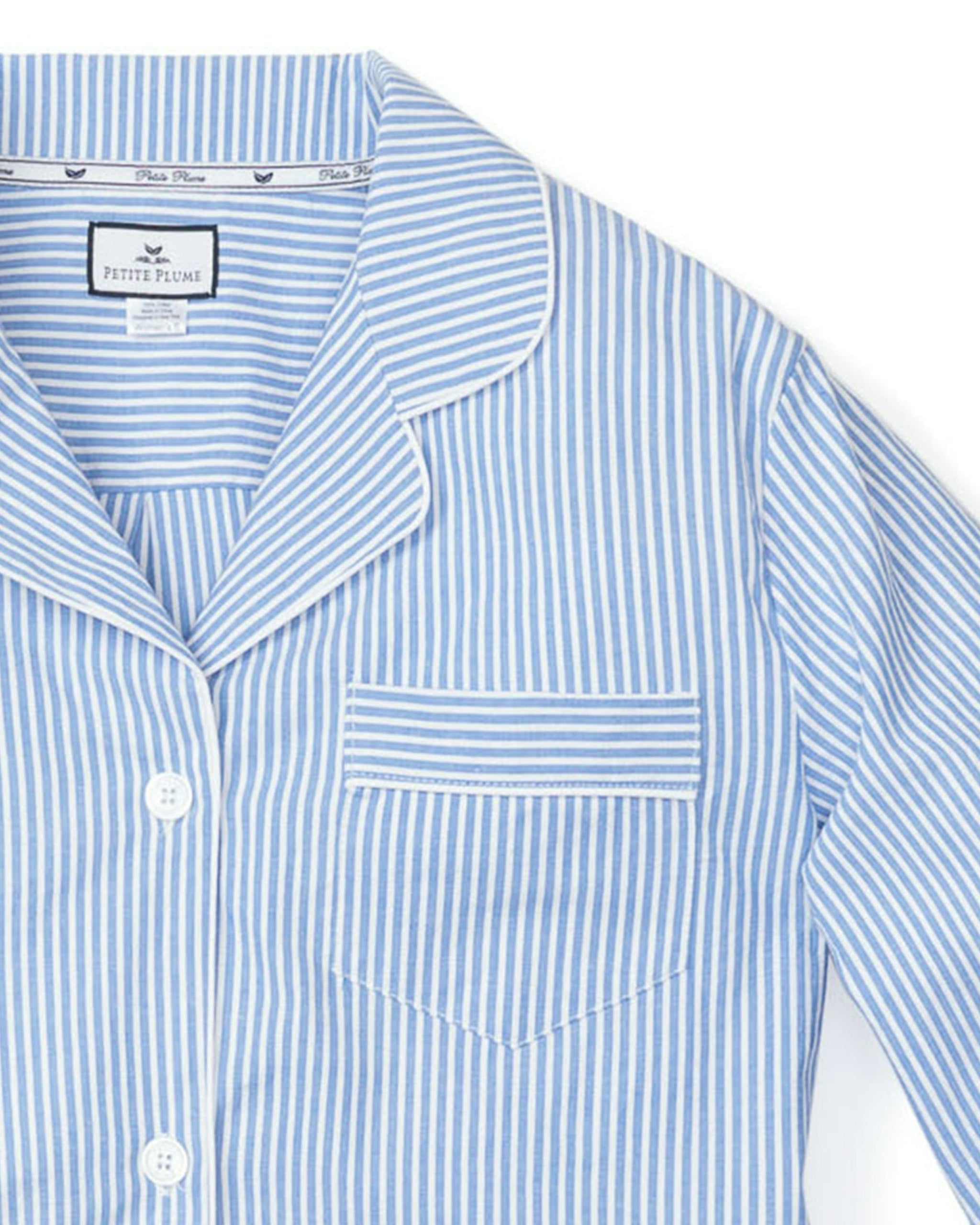 Women's Twill Long Sleeve Short Set in French Blue Stripes in French Blue Stripes#Color_French Blue Stripes
