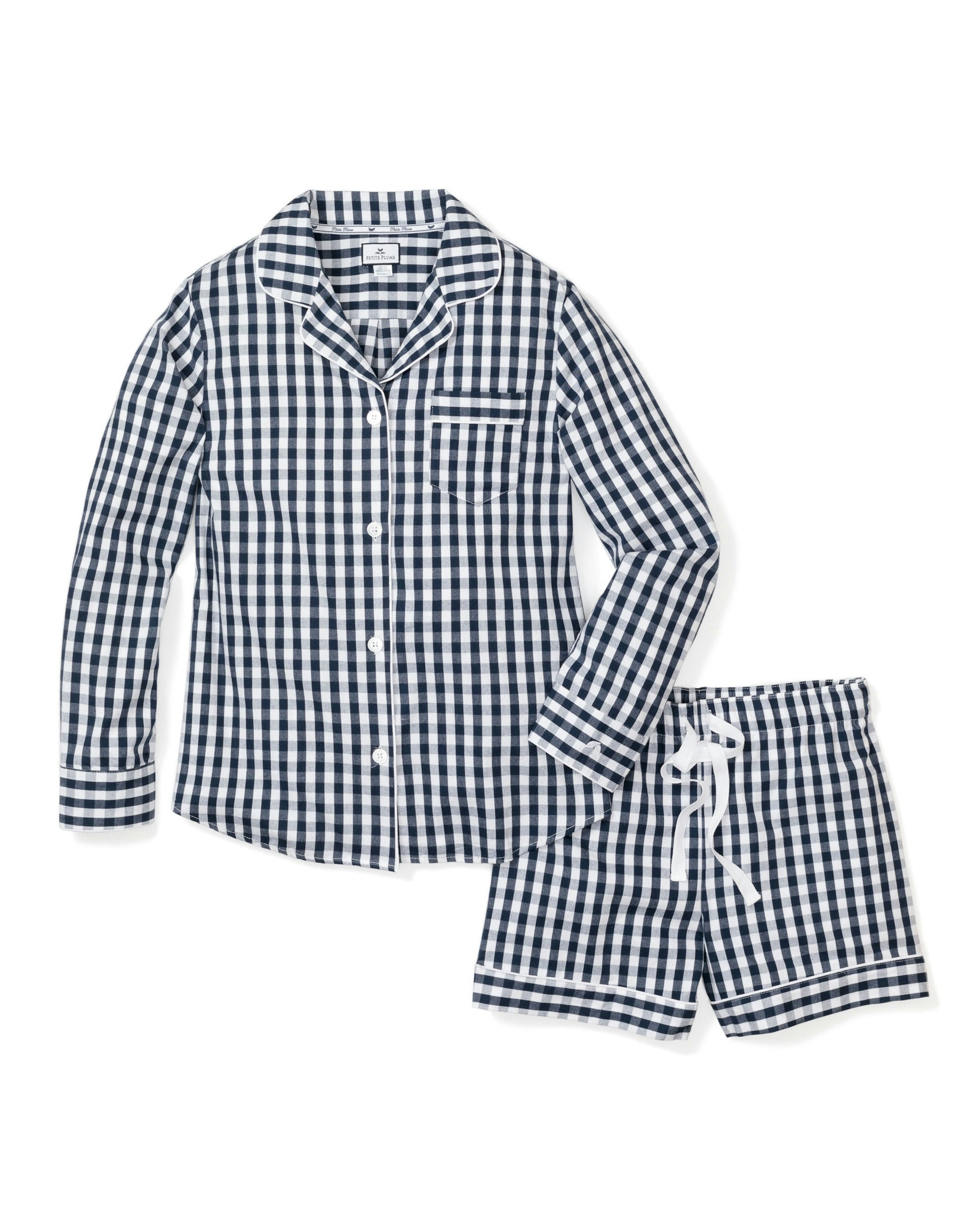 Women's Twill Pajama Long Sleeve Short Set in Navy Gingham in Navy Gingham#Colorway_Navy Gingham