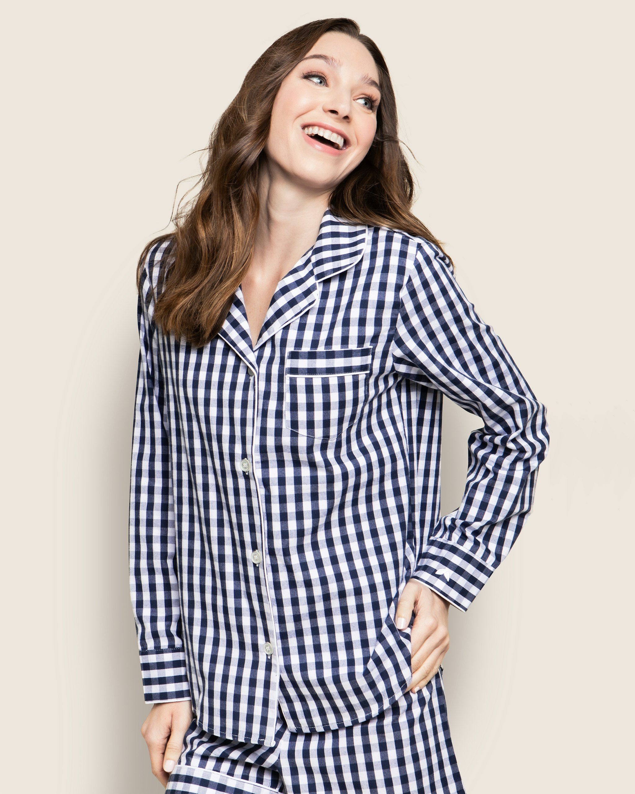 Women's Twill Pajama Long Sleeve Short Set in Navy Gingham in Navy Gingham#Colorway_Navy Gingham
