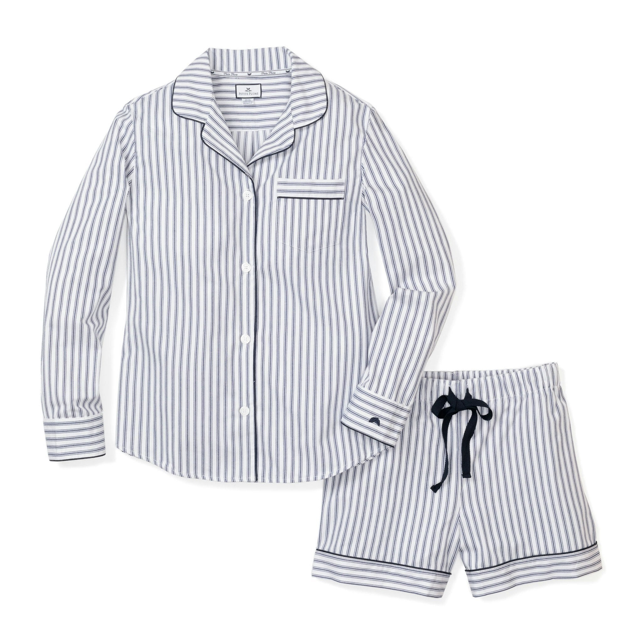 Women's Twill Pajama Long Sleeve Short Set In Navy French Ticking in Navy French Ticking#Colorway_Navy French Ticking