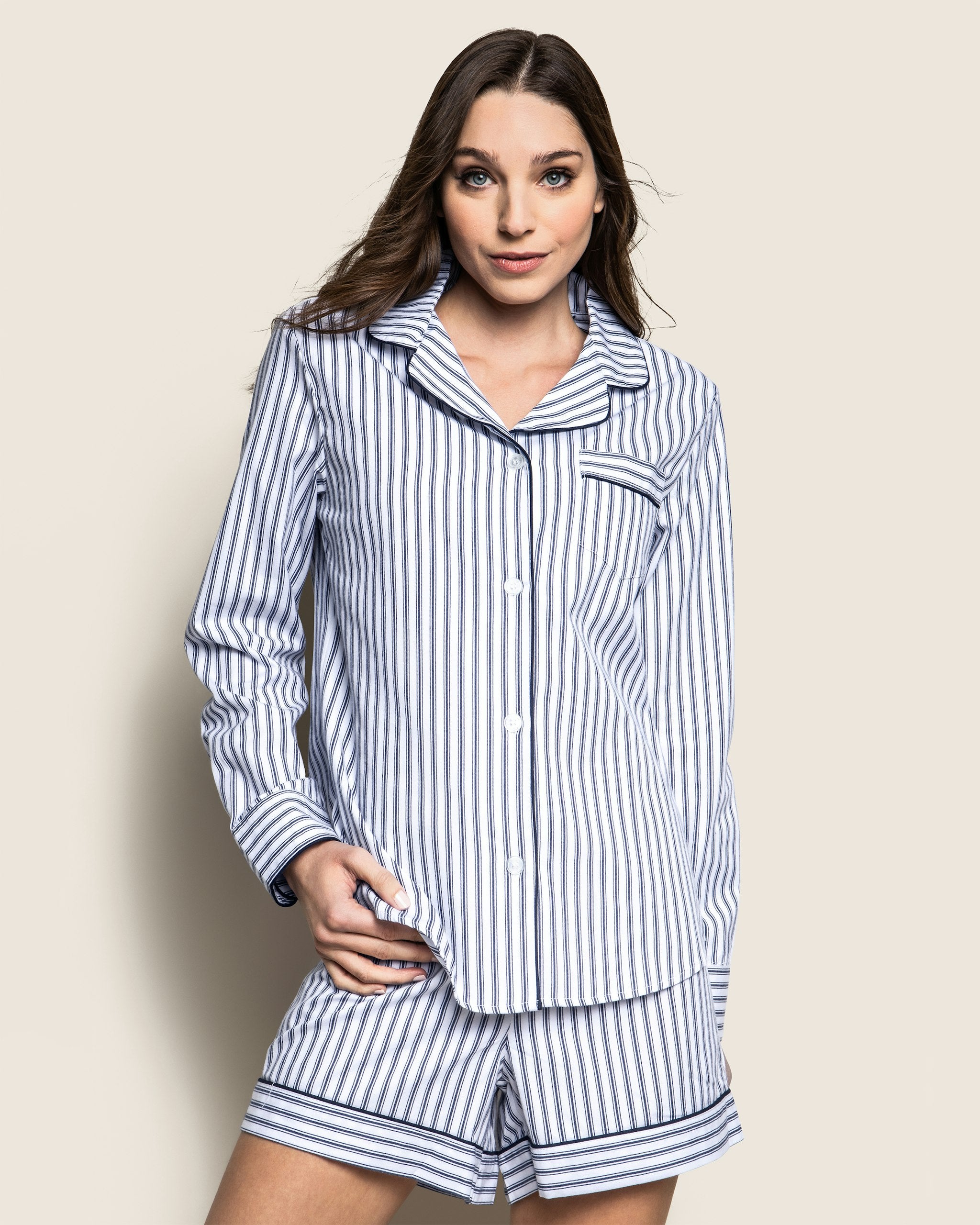 Women's Twill Pajama Long Sleeve Short Set In Navy French Ticking in Navy French Ticking#Colorway_Navy French Ticking
