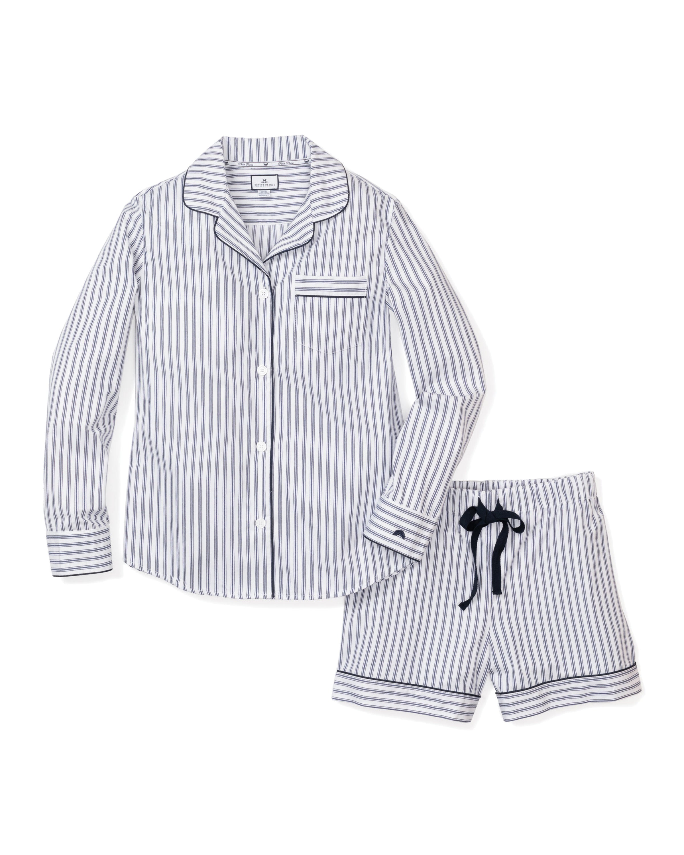 Women's Twill Pajama Long Sleeve Short Set In Navy French Ticking in Navy French Ticking#Colorway_Navy French Ticking