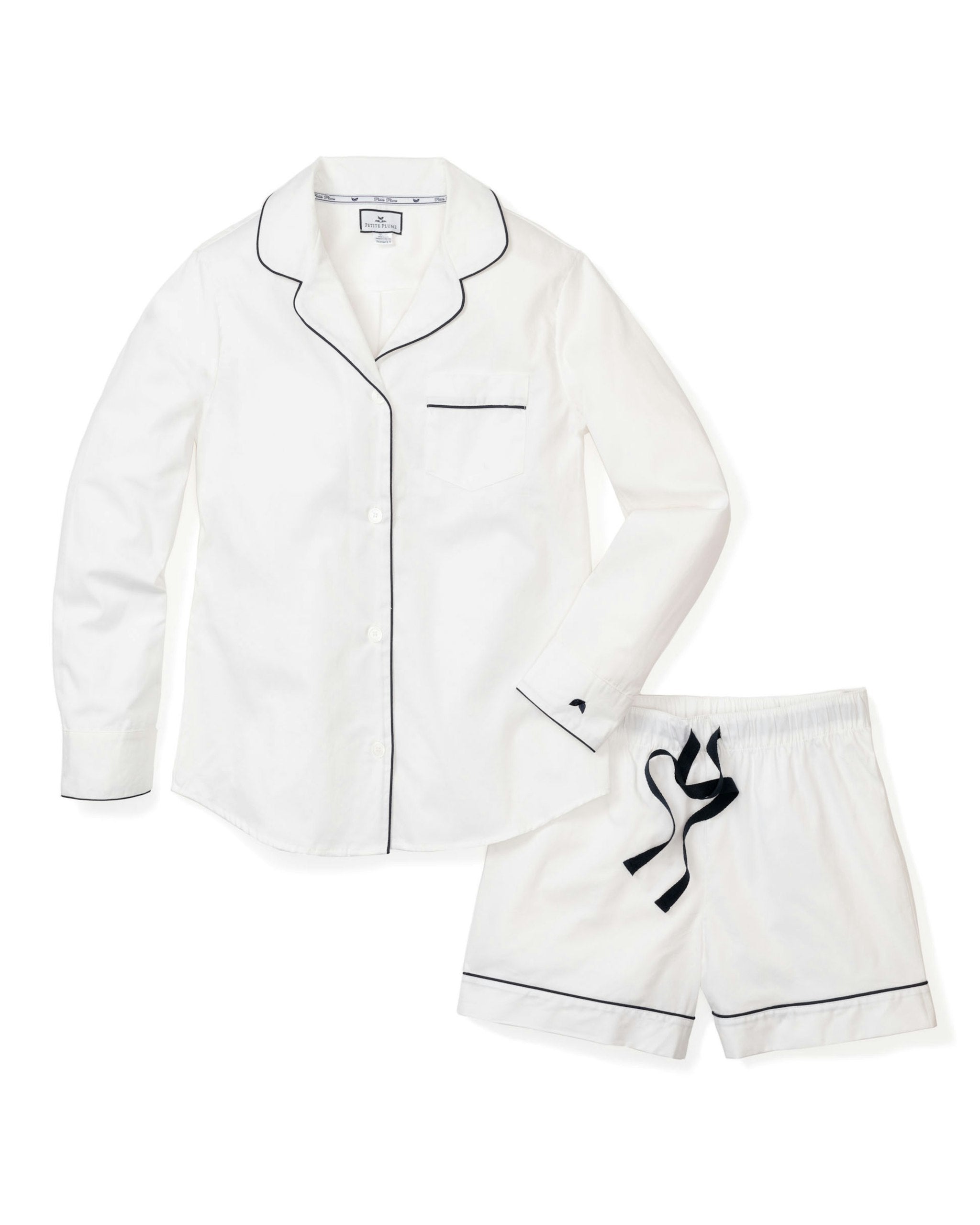 Women's Twill Pajama Long Sleeve Short Set in White with Navy Piping in White with Navy Piping#Colorway_White with Navy Piping