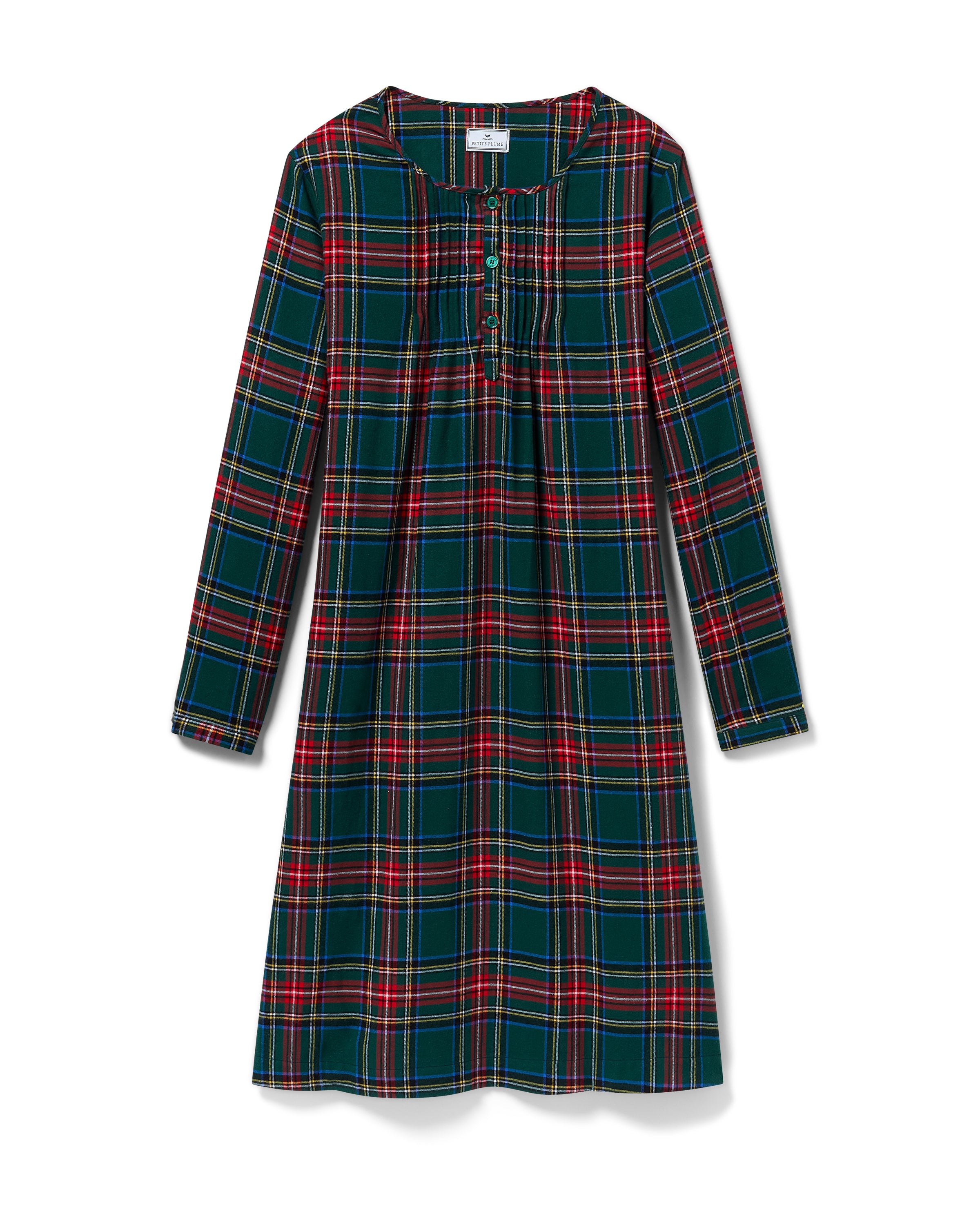 The Women's Brushed Twill Beatrice Nightgown in Kensington Tartan is a long-sleeved, knee-length nightgown with a green, red, and yellow plaid pattern, featuring buttons and pleats at the neckline.