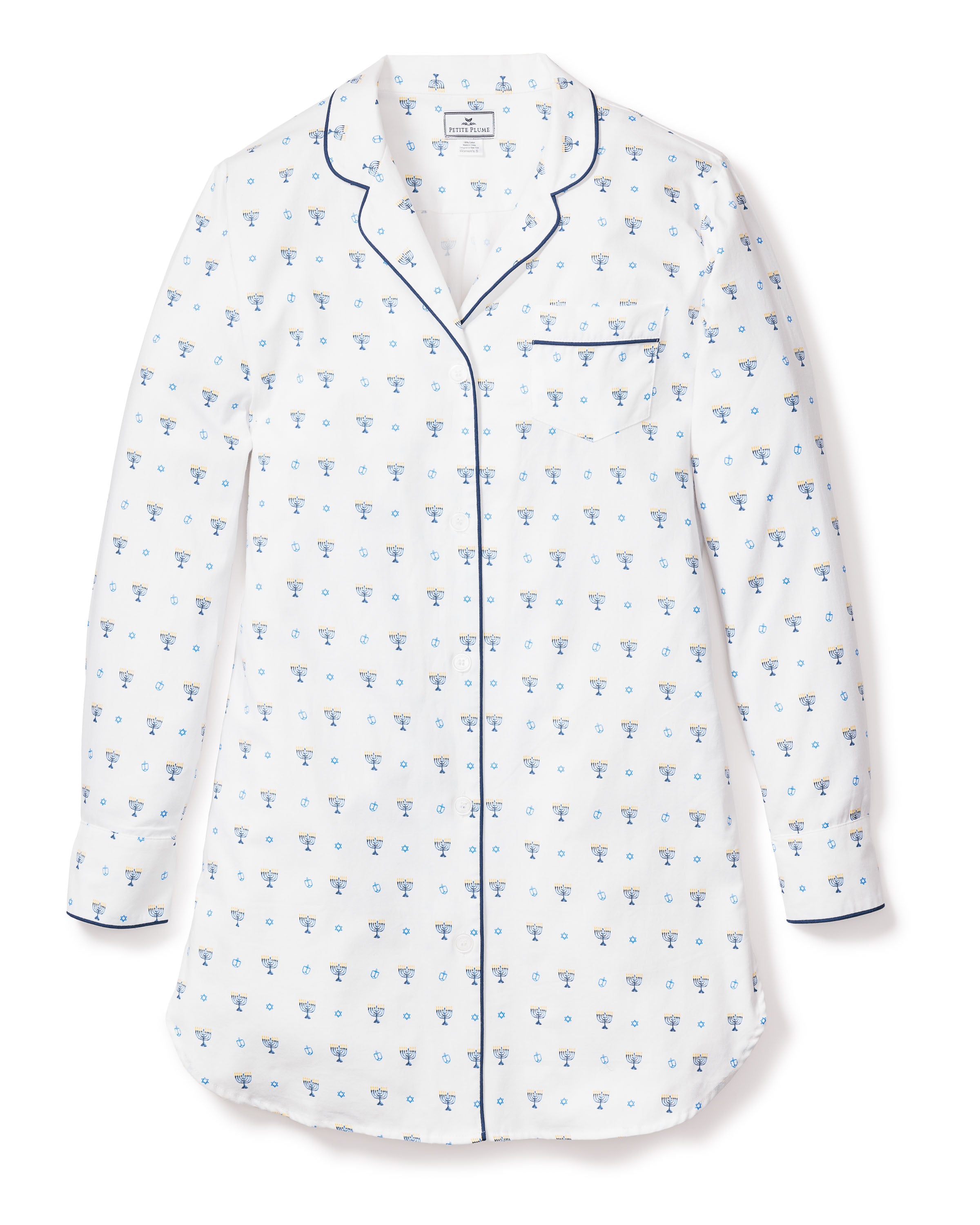 Petite Plumes Womens Twill Nightshirt in Happy Hanukkah features a blue floral pattern on cozy white cotton twill. It has a notched collar, navy piping, long sleeves, and a left-side chest pocket. The relaxed fit is perfect for lounging or sleeping during the festive season of lights.