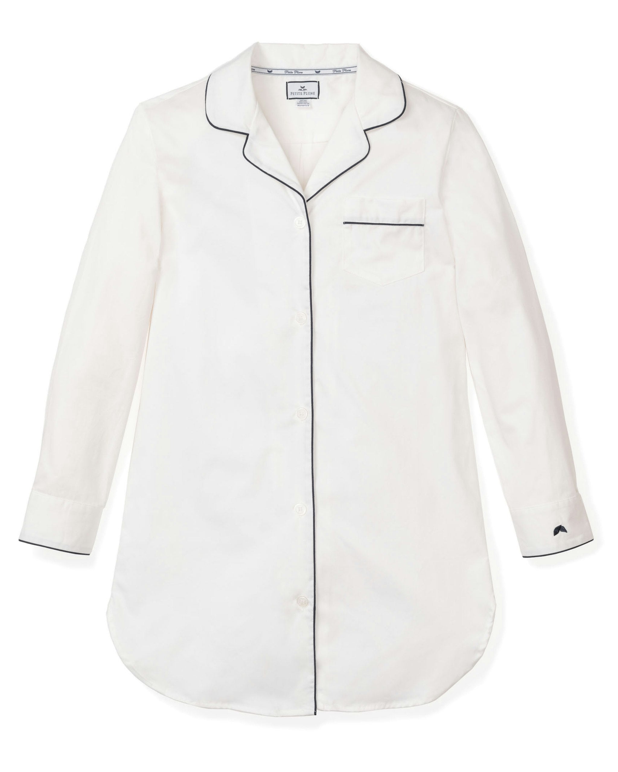 Women's Twill Nightshirt in White With Navy Piping in White with Navy Piping#Colorway_White with Navy Piping