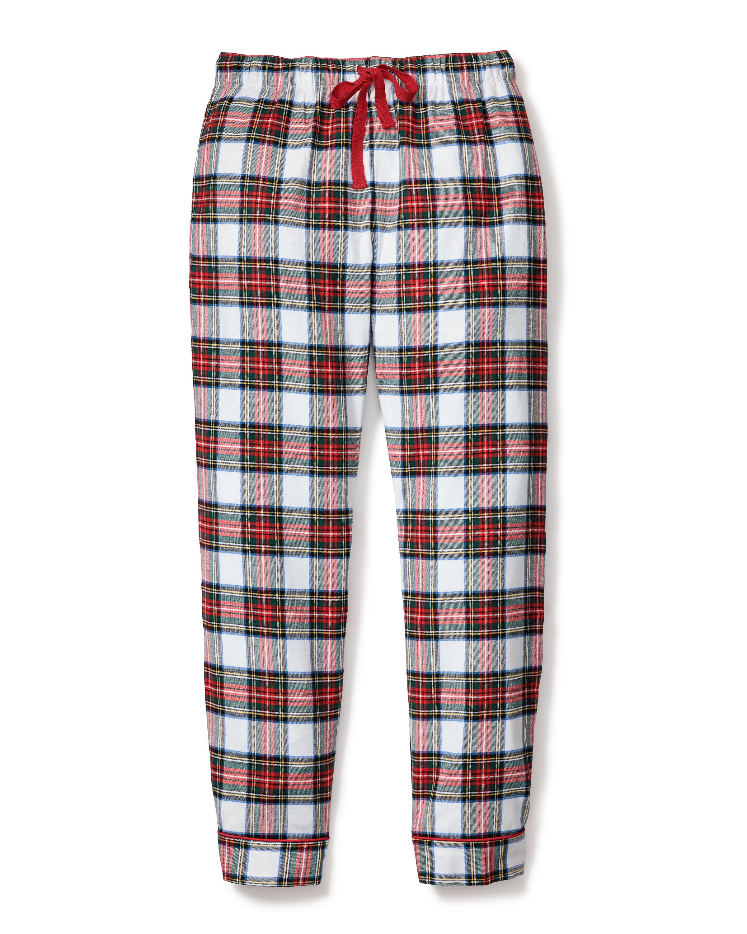 These Womens Brushed Cotton Pants in Balmoral Tartan by Petite Plume feature a red drawstring and classic Scottish tartan design, offering luxurious sleepwear that blends comfort with heritage.