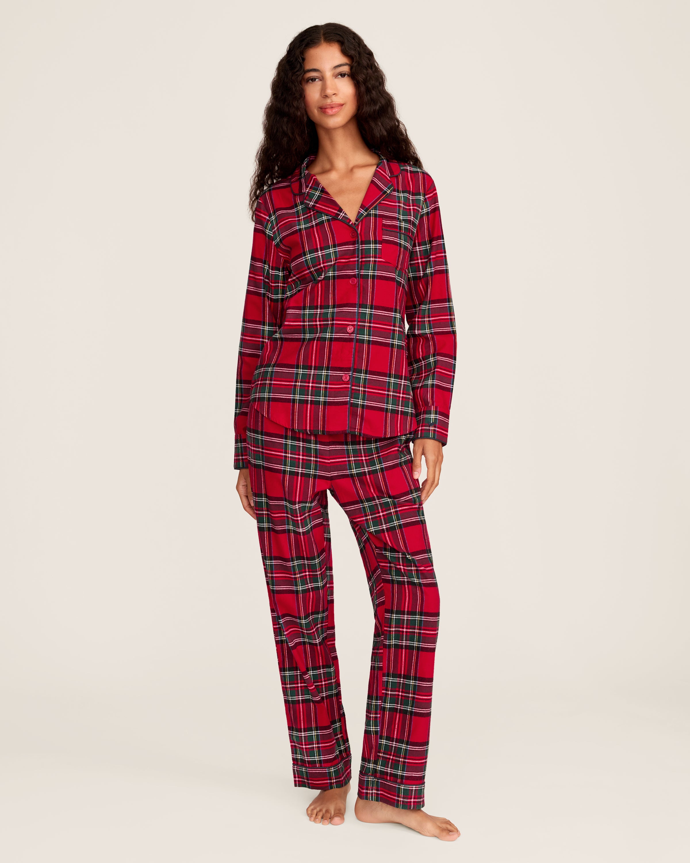 Women's Brushed Twill Pajama Set in Imperial Tartan features a red plaid button-up top with chest pocket and matching pants with a drawstring waist, detailed in green, white, and navy stripes for a classic look.