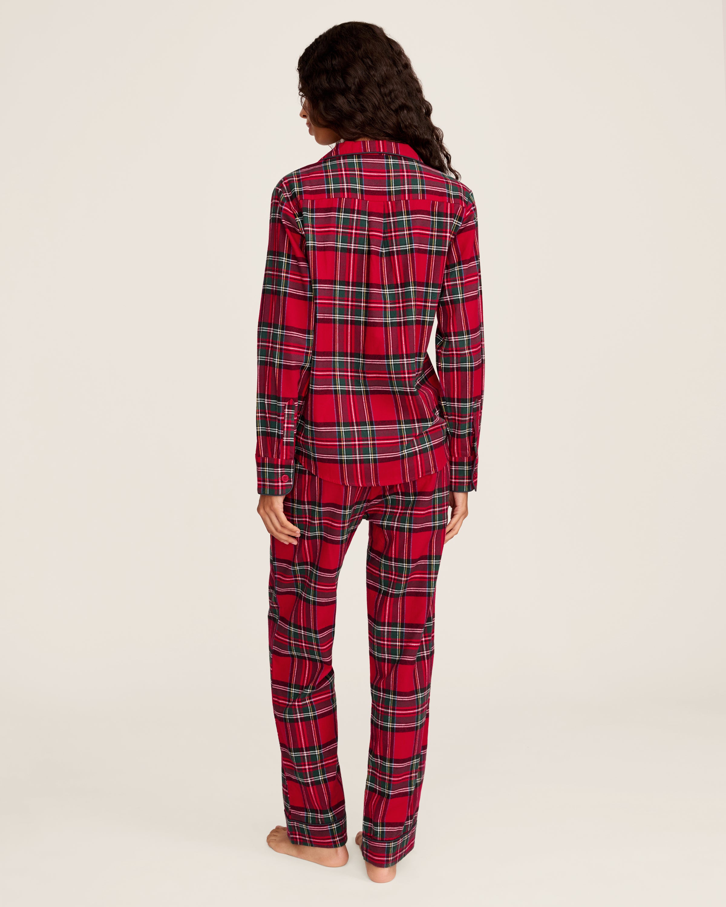 Women's Brushed Twill Pajama Set in Imperial Tartan features a red plaid button-up top with chest pocket and matching pants with a drawstring waist, detailed in green, white, and navy stripes for a classic look.