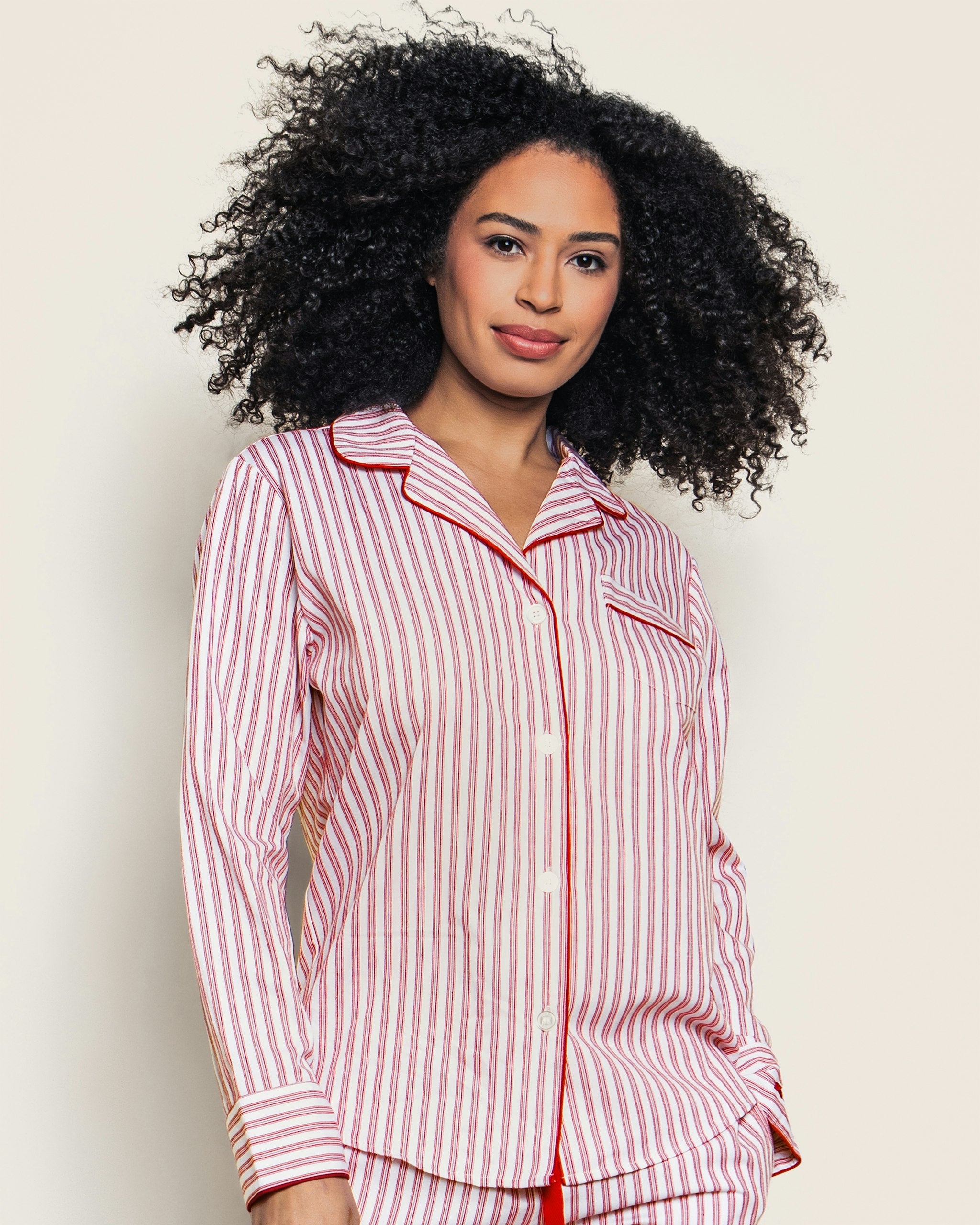 Women's Twill Pajama Set in Navy French Ticking (Copy) in Antique Red Ticking#Colorway_Antique Red Ticking
