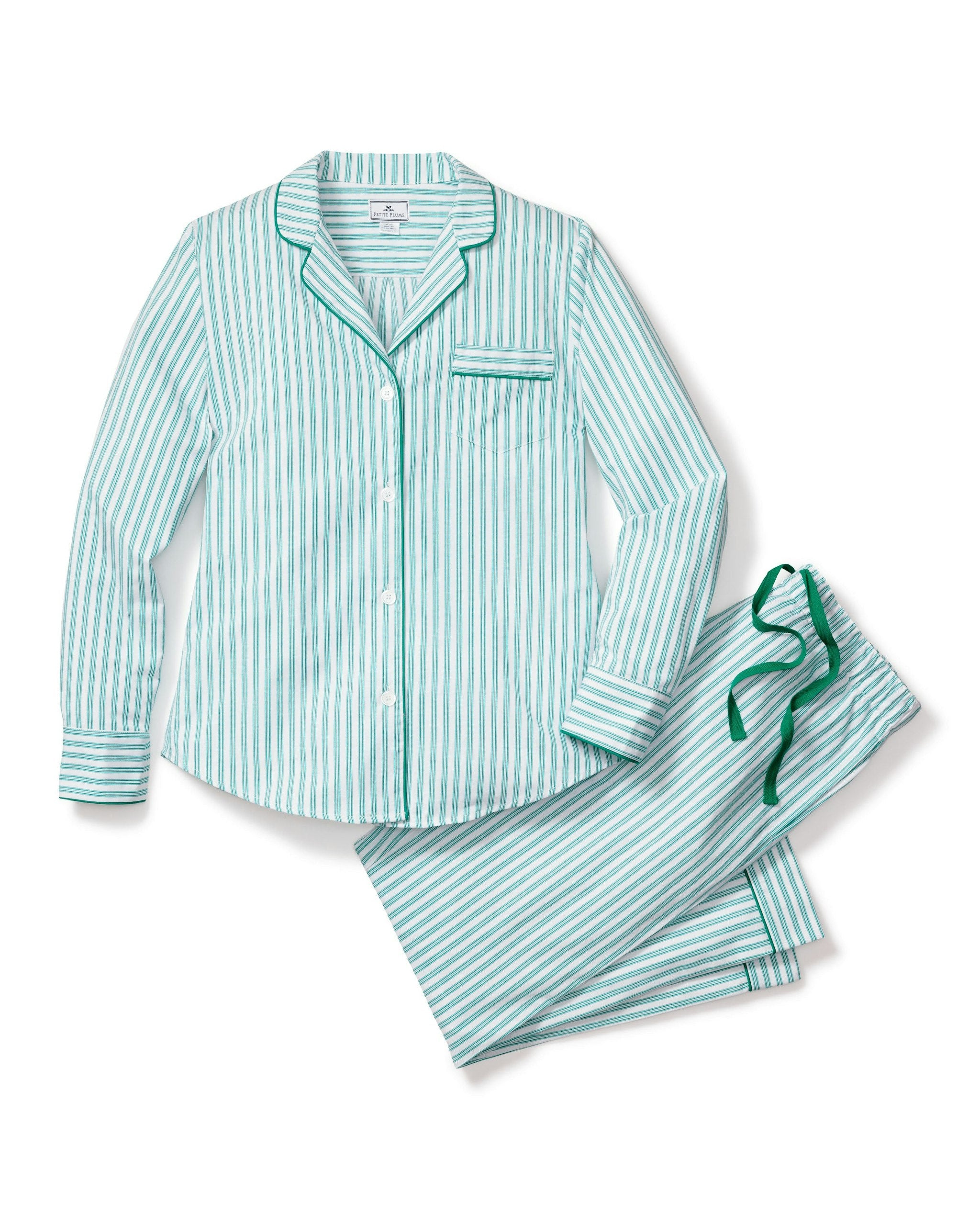 Women's Twill Pajama Set in Navy French Ticking (Copy) in Emerald Ticking#Colorway_Emerald Ticking