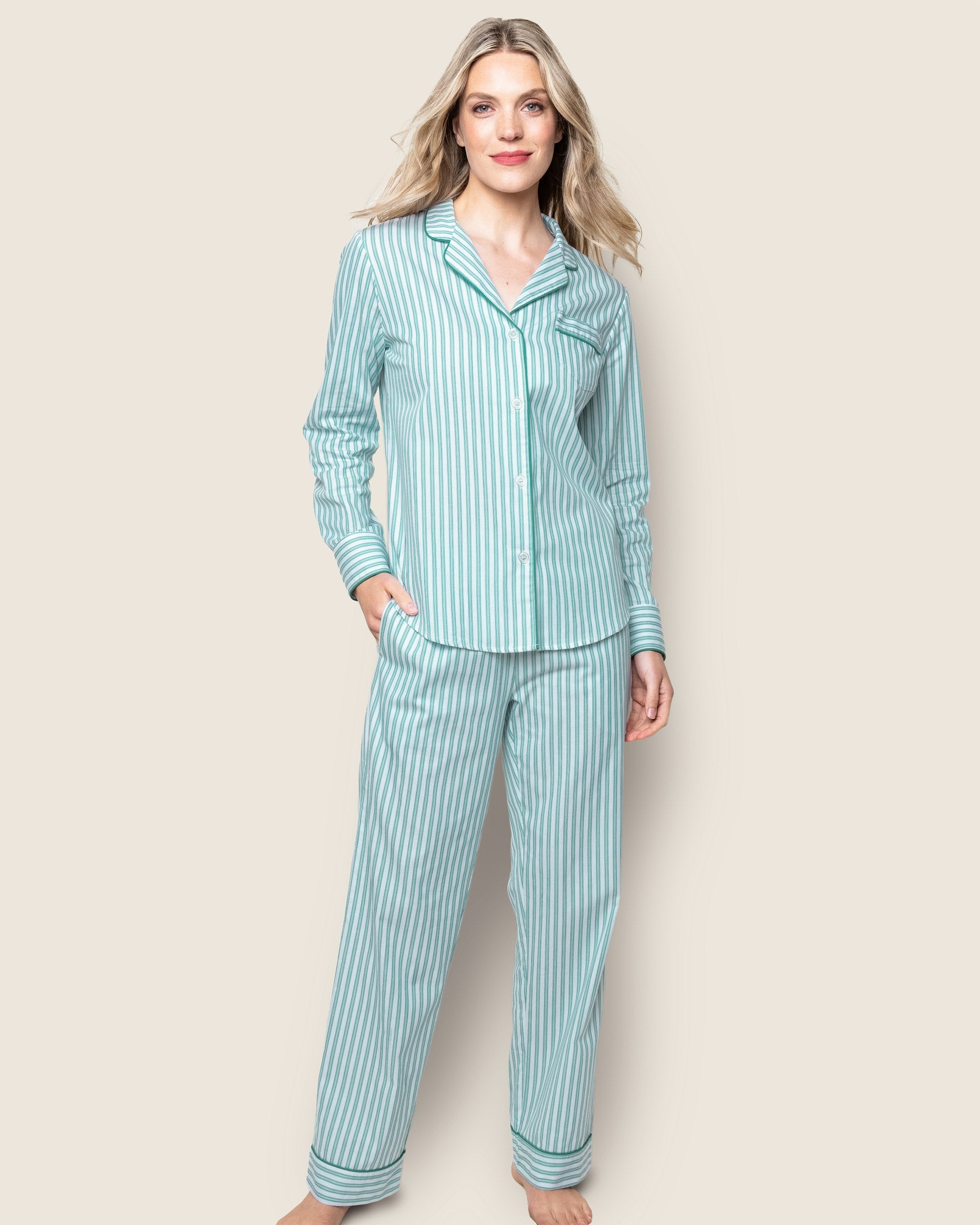 Women's Twill Pajama Set in Navy French Ticking in Emerald Ticking#Colorway_Emerald Ticking