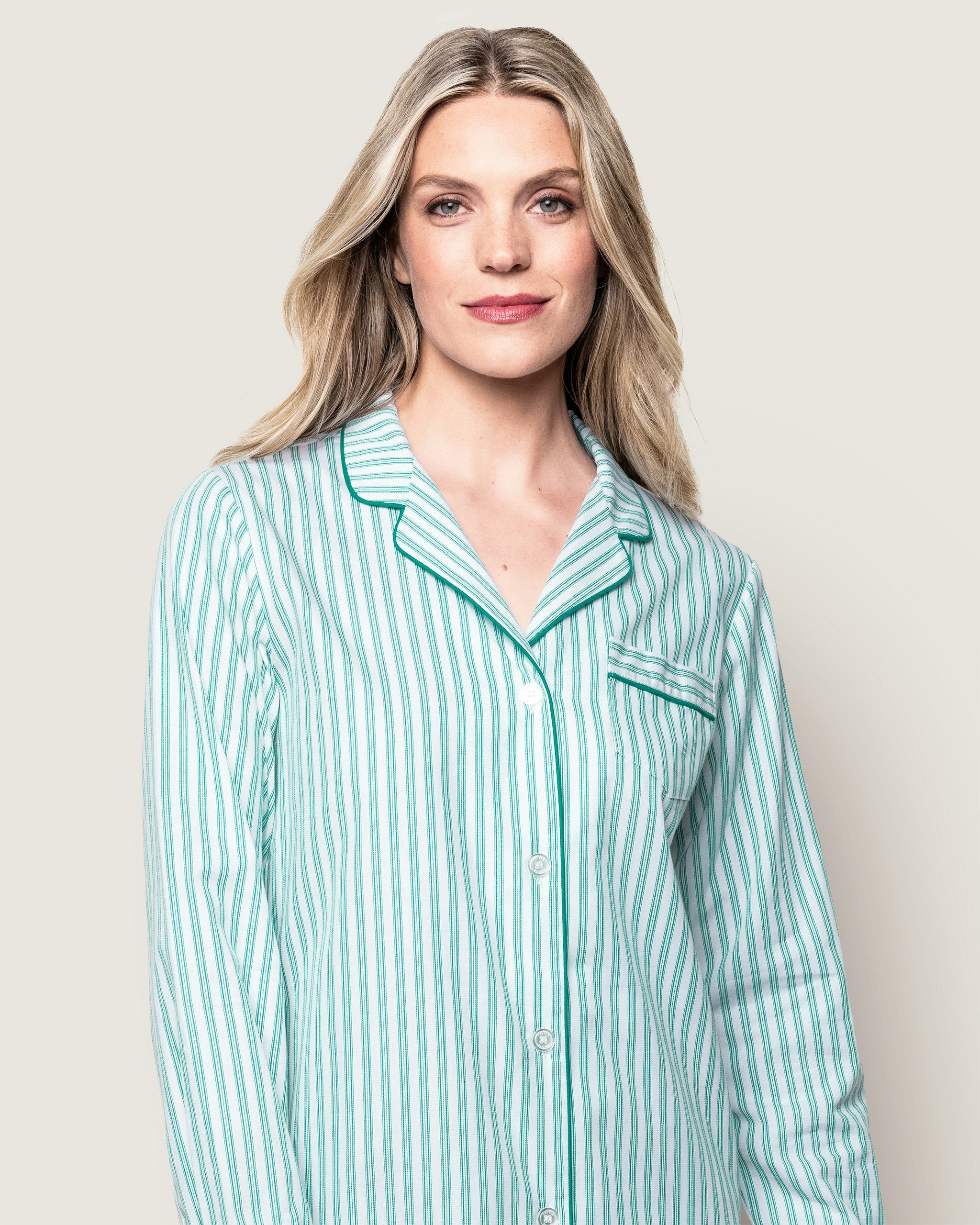 Women's Twill Pajama Set in Navy French Ticking in Emerald Ticking#Colorway_Emerald Ticking