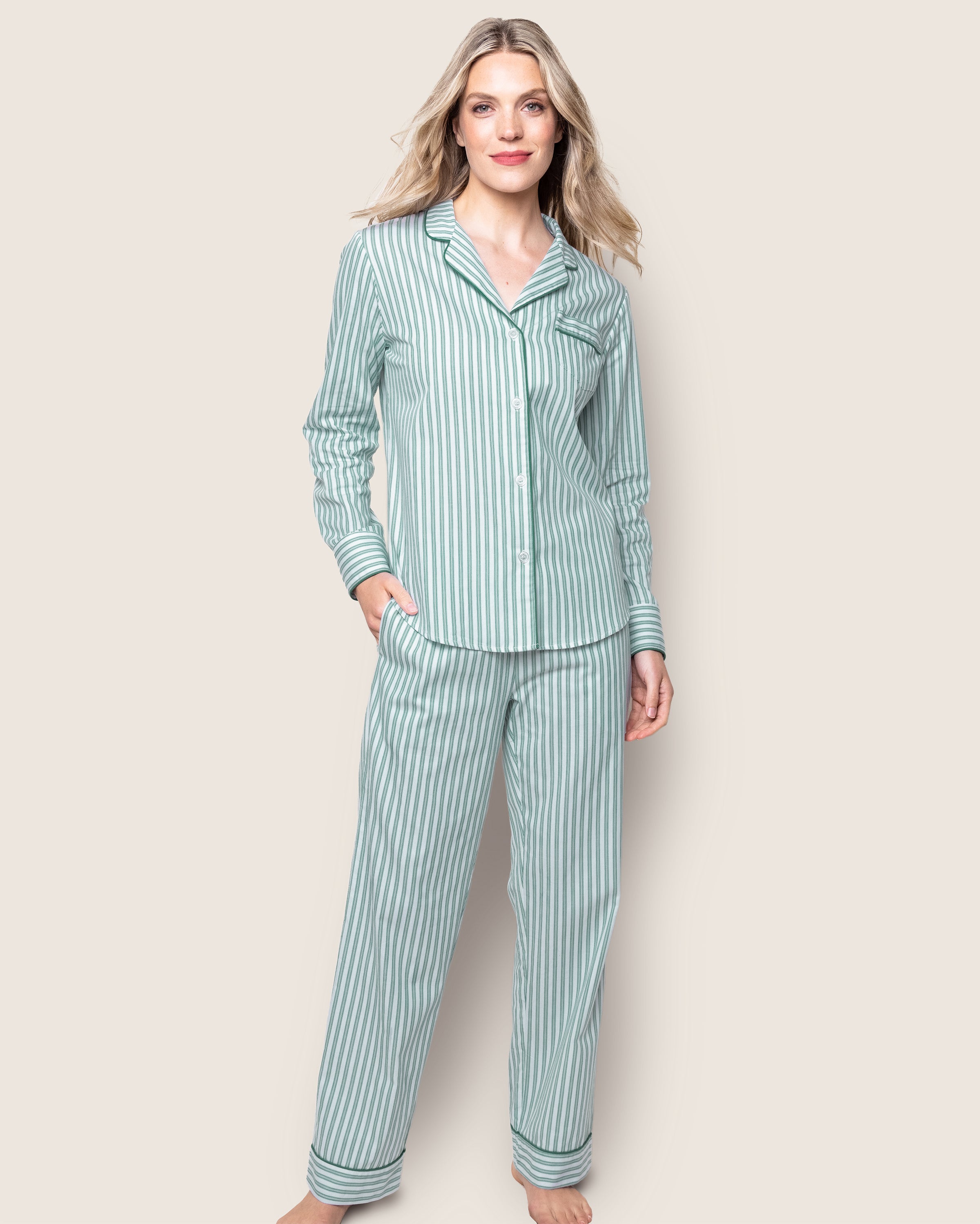 Women's Twill Pajama Set in Emerald Ticking