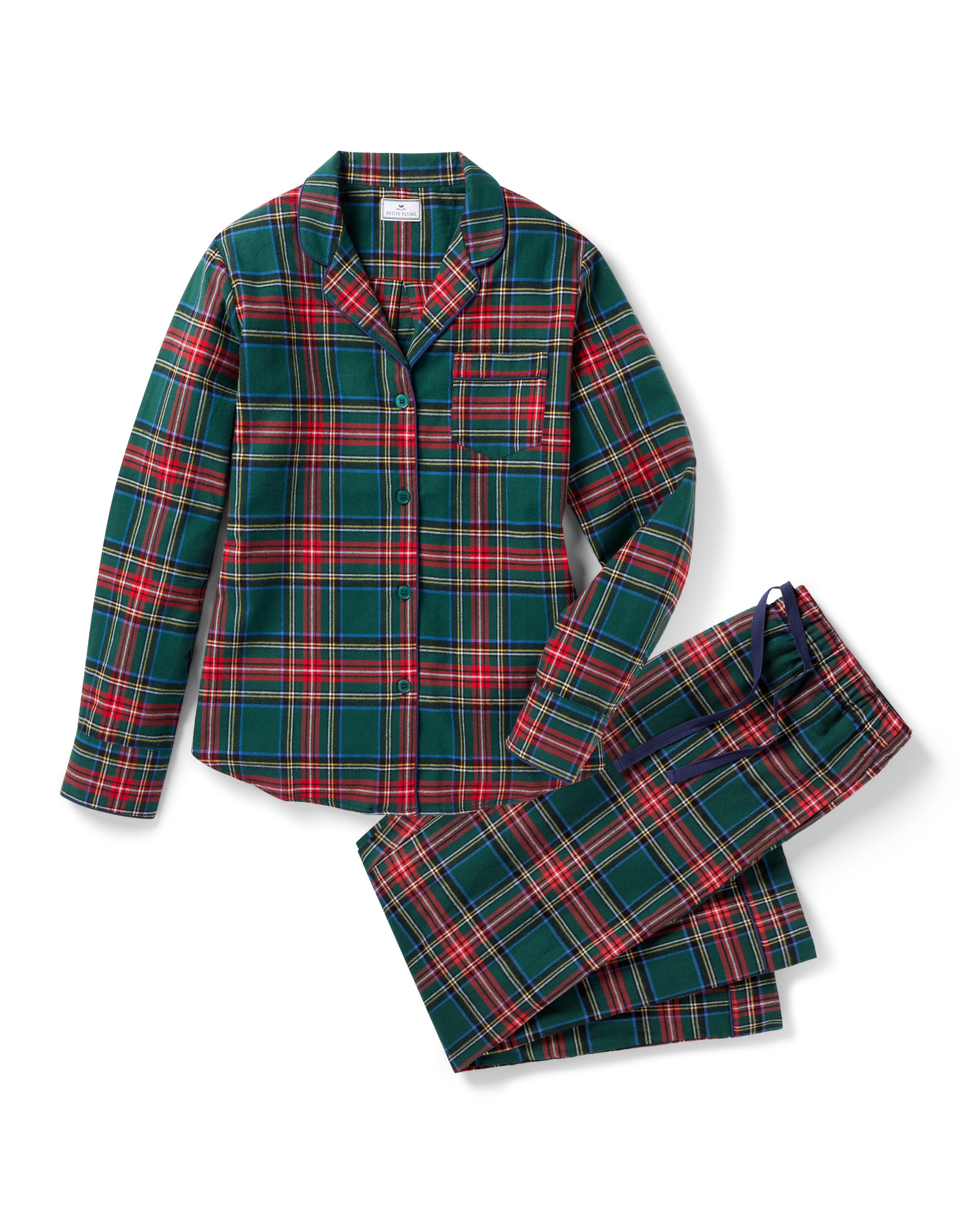 The Women's Brushed Twill Pajama Set in Kensington Tartan features a cozy green, red, and white plaid with a long-sleeve button-up top with chest pocket and matching elastic-waist pants.