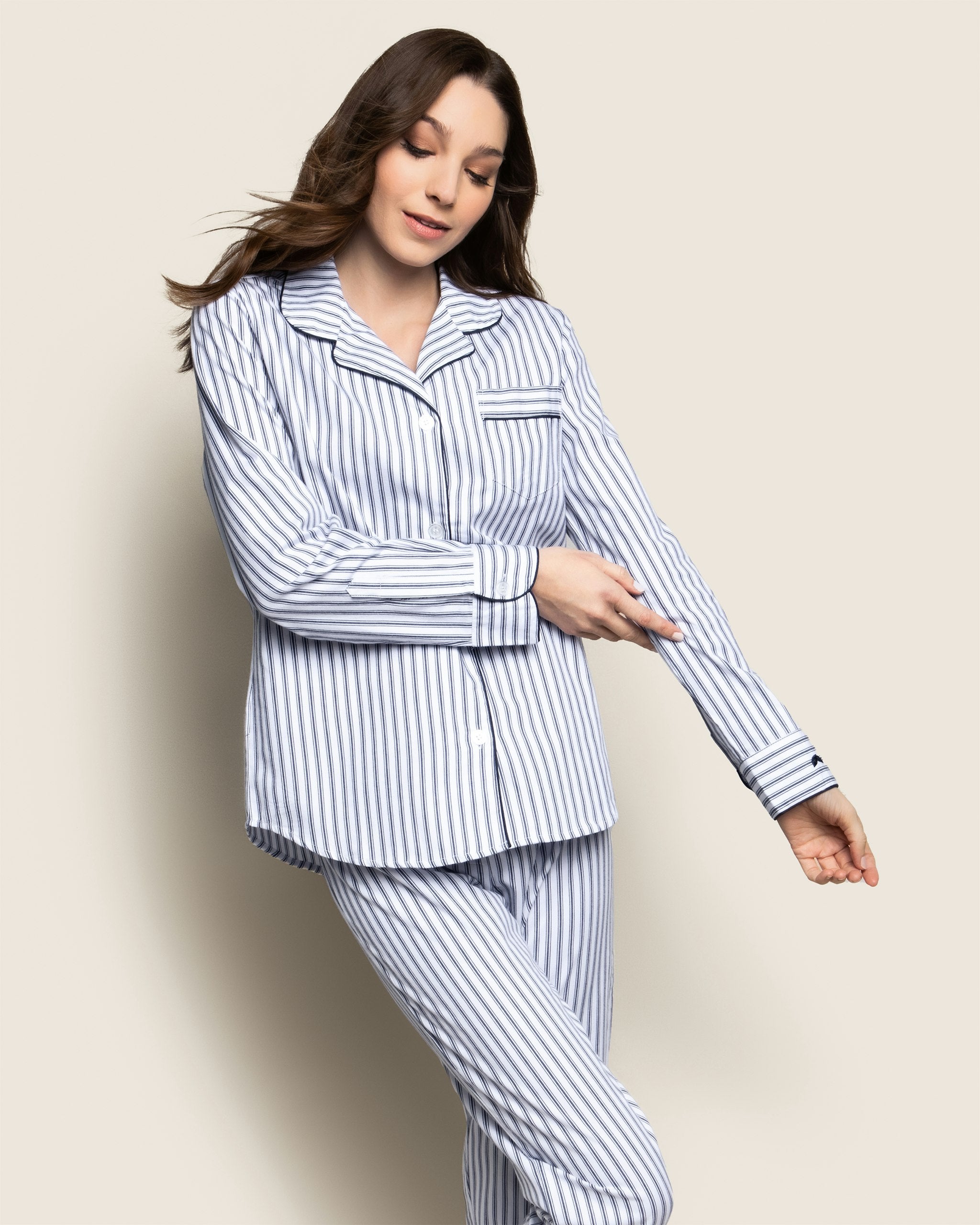 Women's Twill Pajama Set in Navy French Ticking (Copy) in Navy French Ticking#Colorway_Navy French Ticking