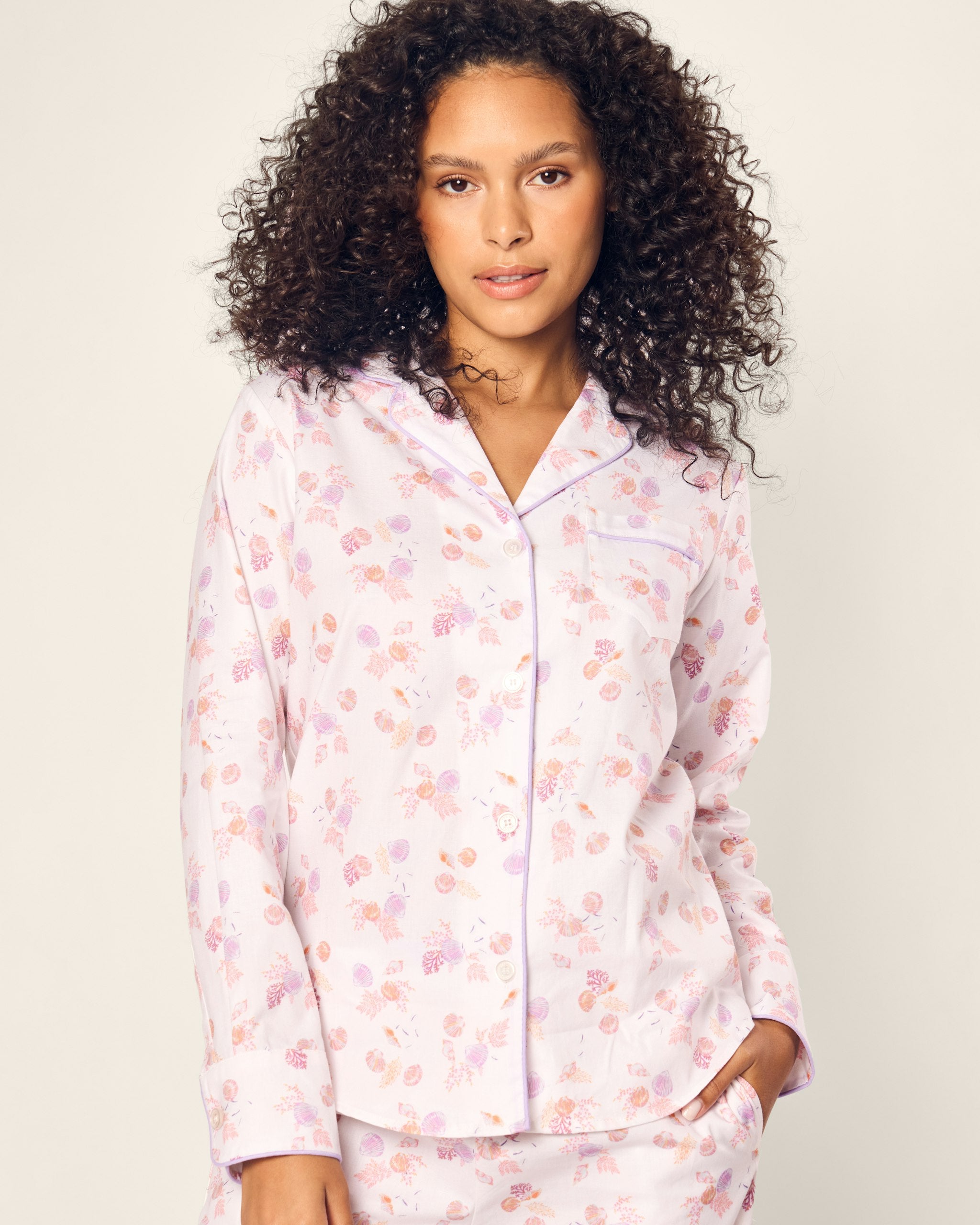 Women's Twill Pajama Set in Coastal Charms in Seashell Splendor#Color_Seashell Splendor