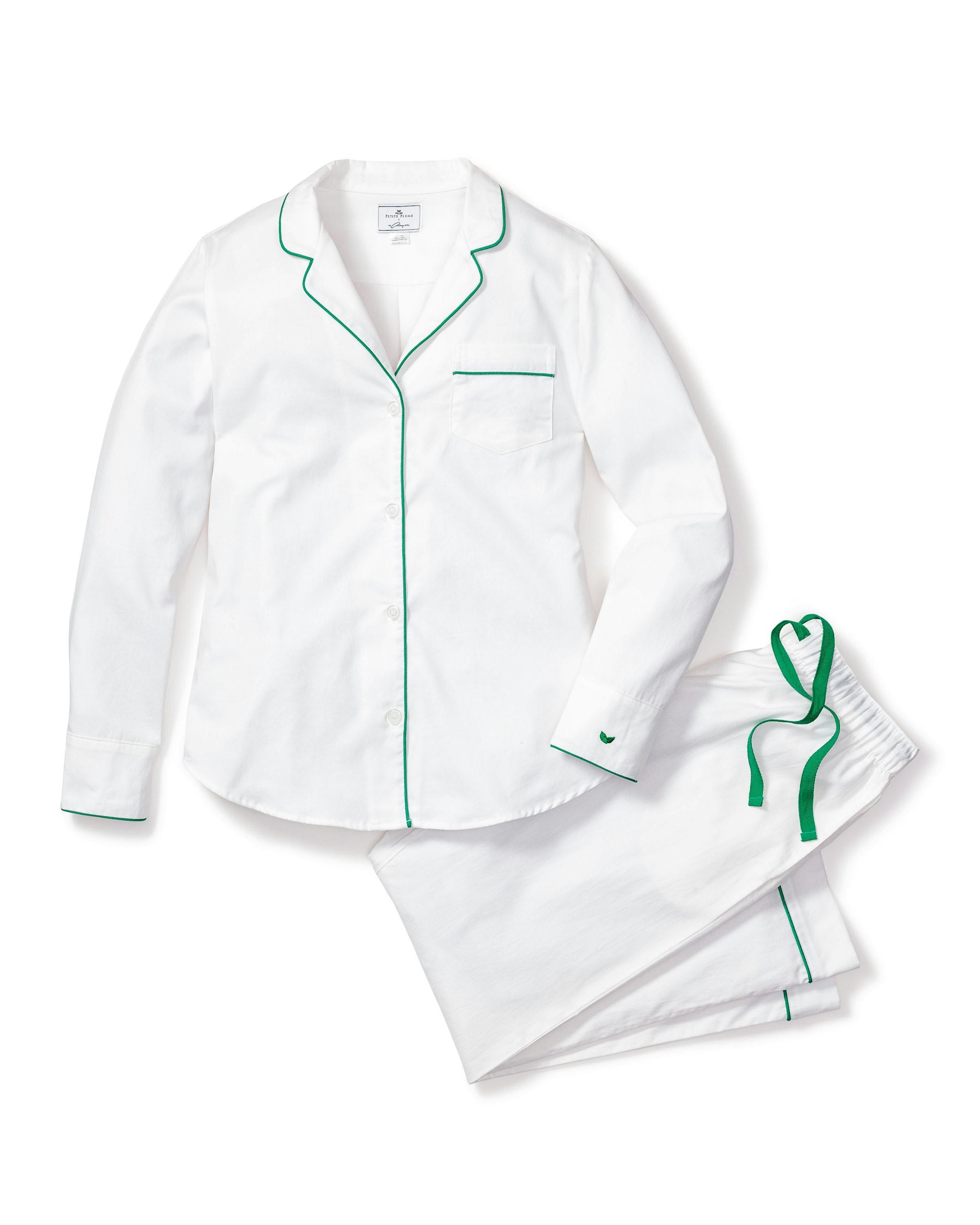 Women's Twill Pajama Set in White With Navy Piping in White with Green Piping#Colorway_White with Green Piping