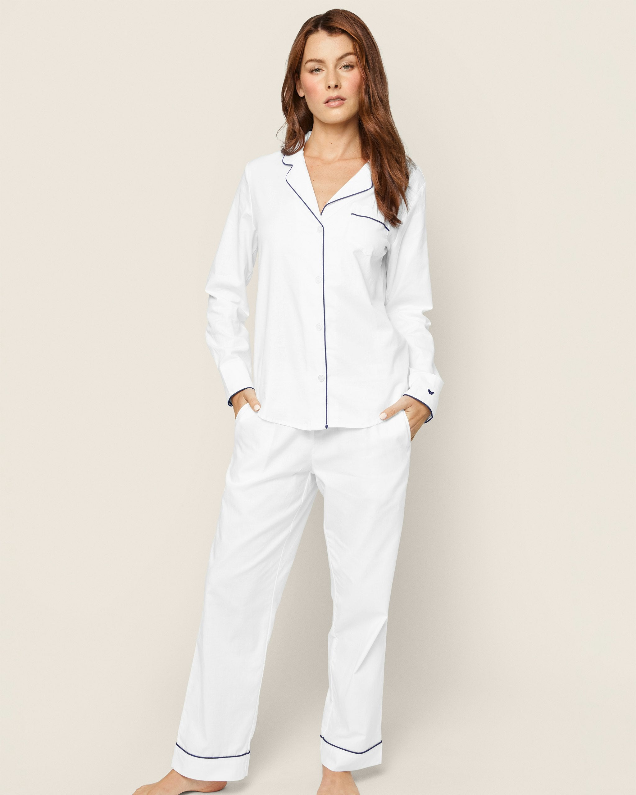 Women's Twill Pajama Set in White With Navy Piping in White with Navy Piping#Colorway_White with Navy Piping