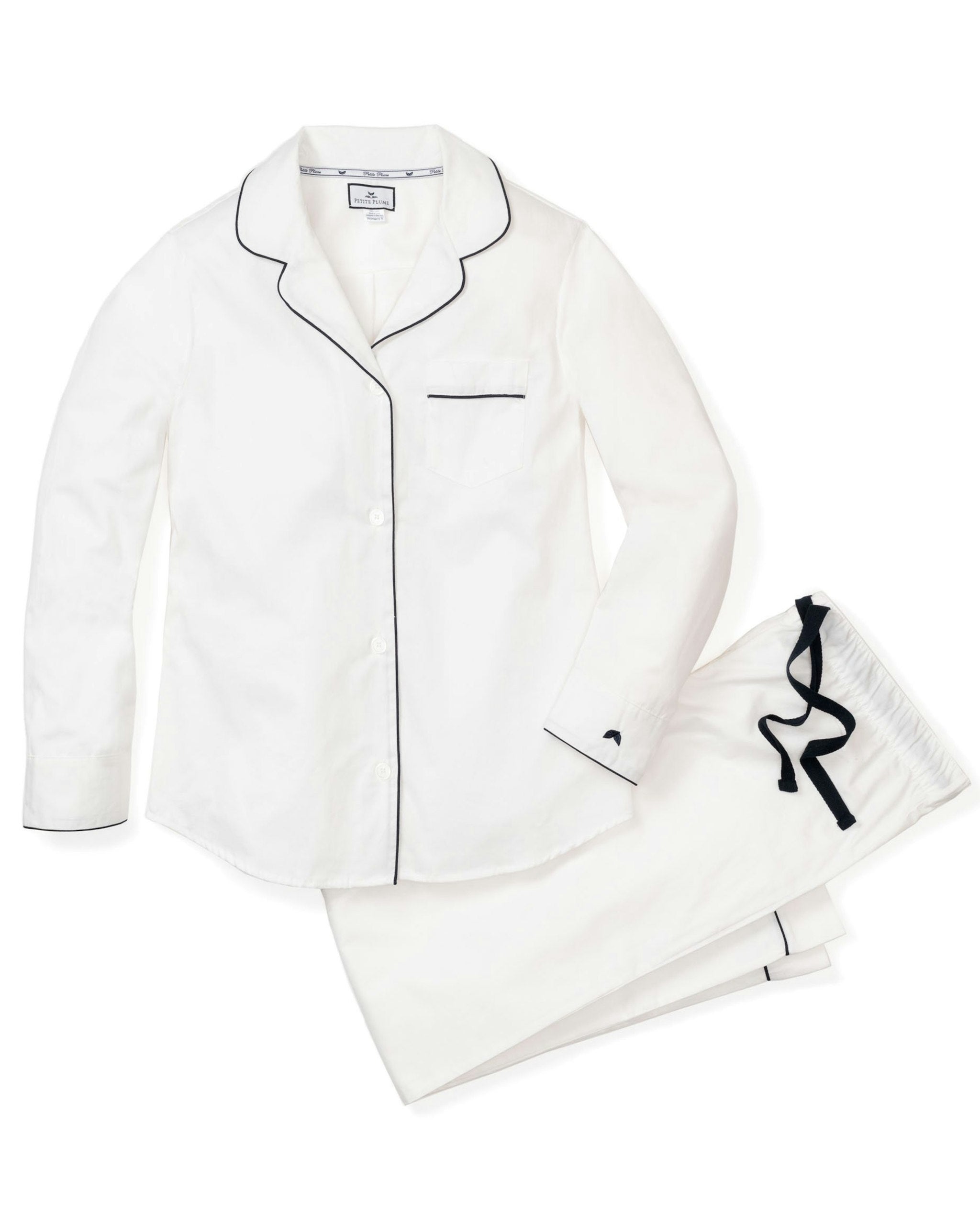 Women's Twill Pajama Set in White With Navy Piping in White with Navy Piping#Colorway_White with Navy Piping