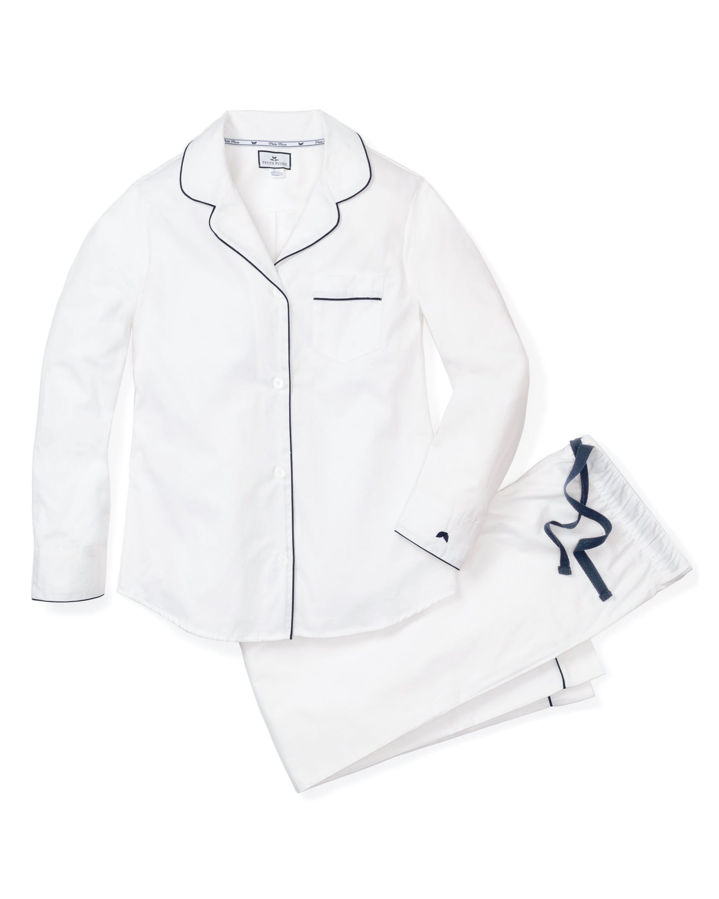 Women's Twill Pajama Set in White With Navy Piping in White with Navy Piping#Color_White with Navy Piping