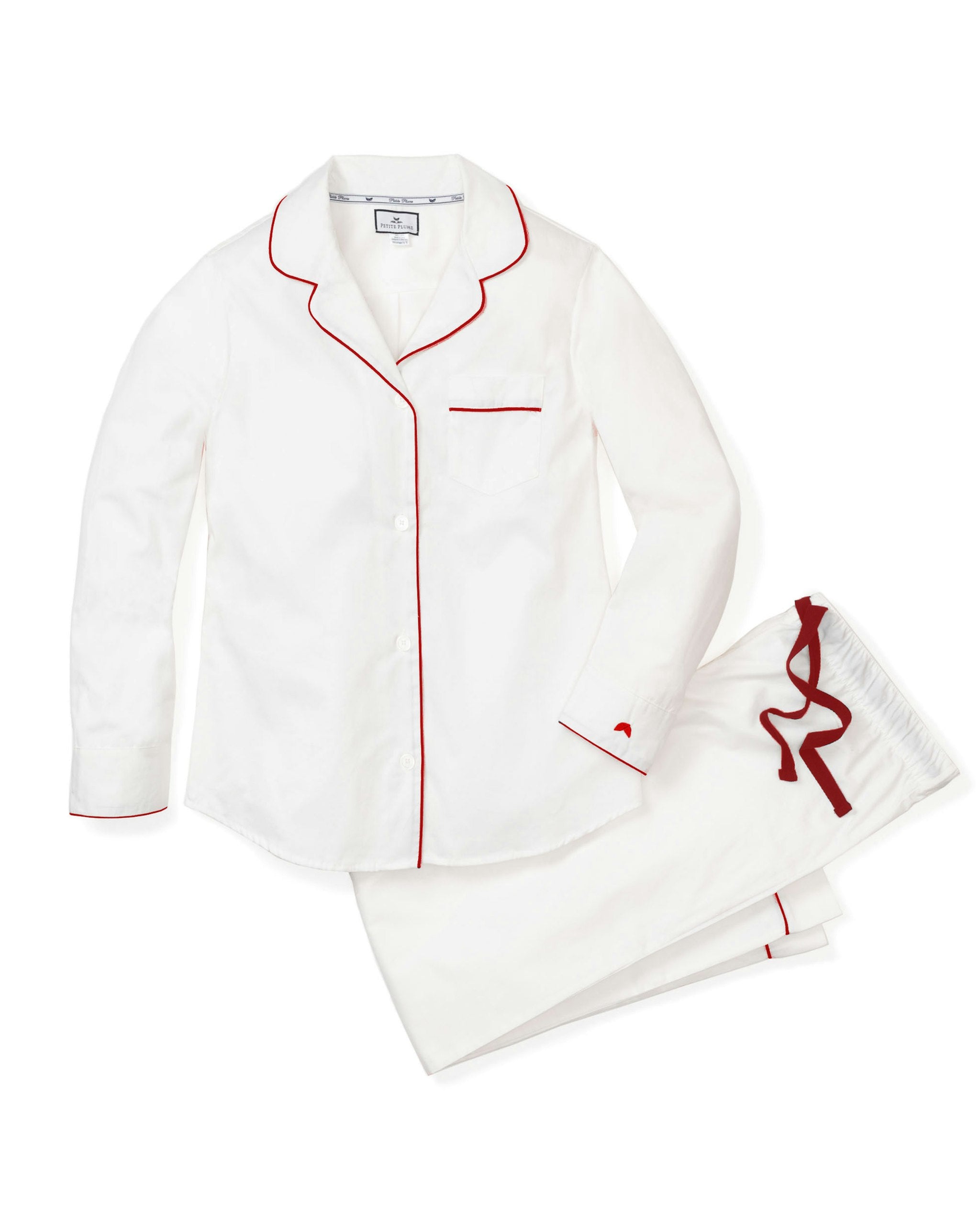 Women's Twill Pajama Set in White With Navy Piping in White with Red Piping#Colorway_White with Red Piping