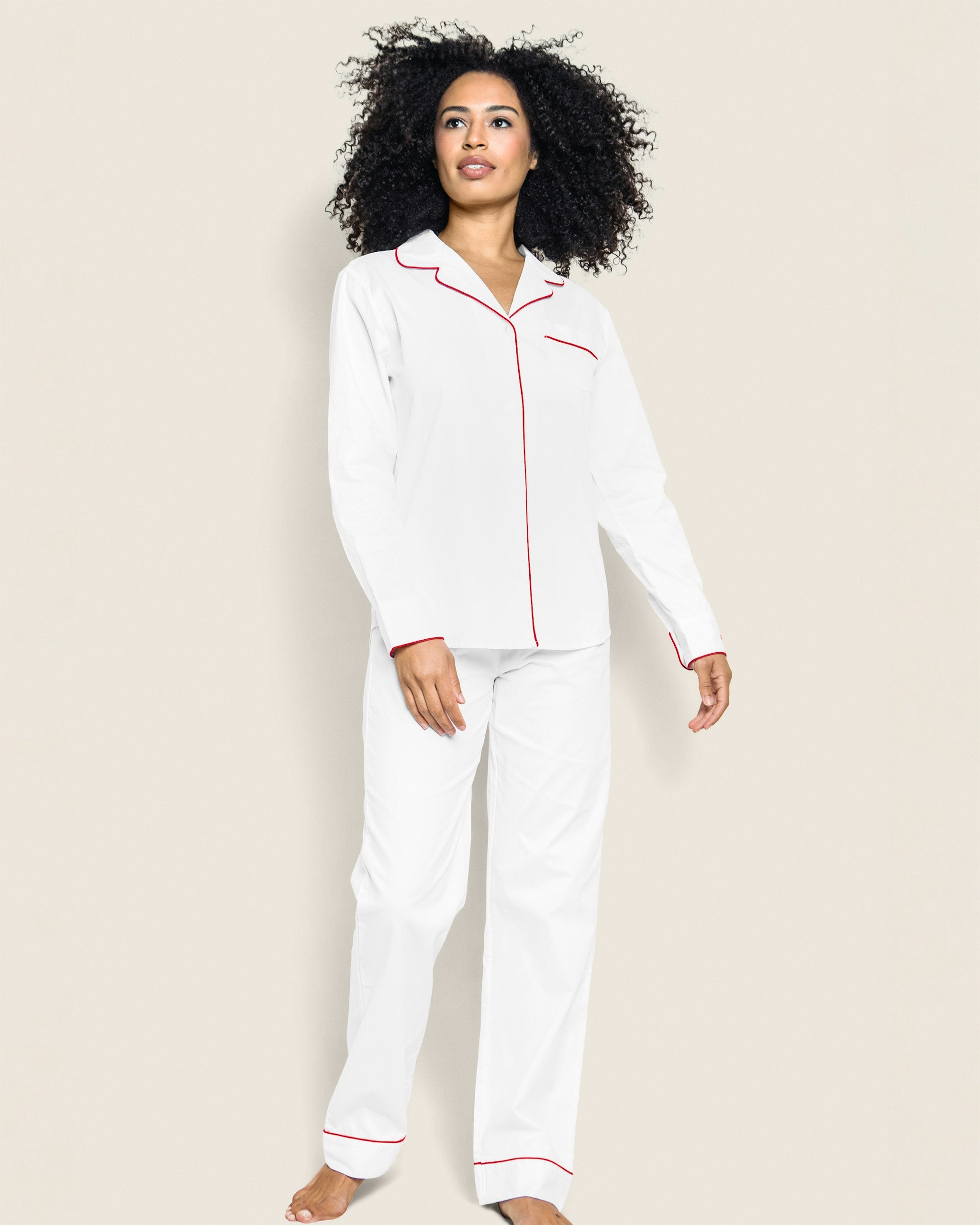 Women's Twill Pajama Set in White With Navy Piping in White with Red Piping#Colorway_White with Red Piping