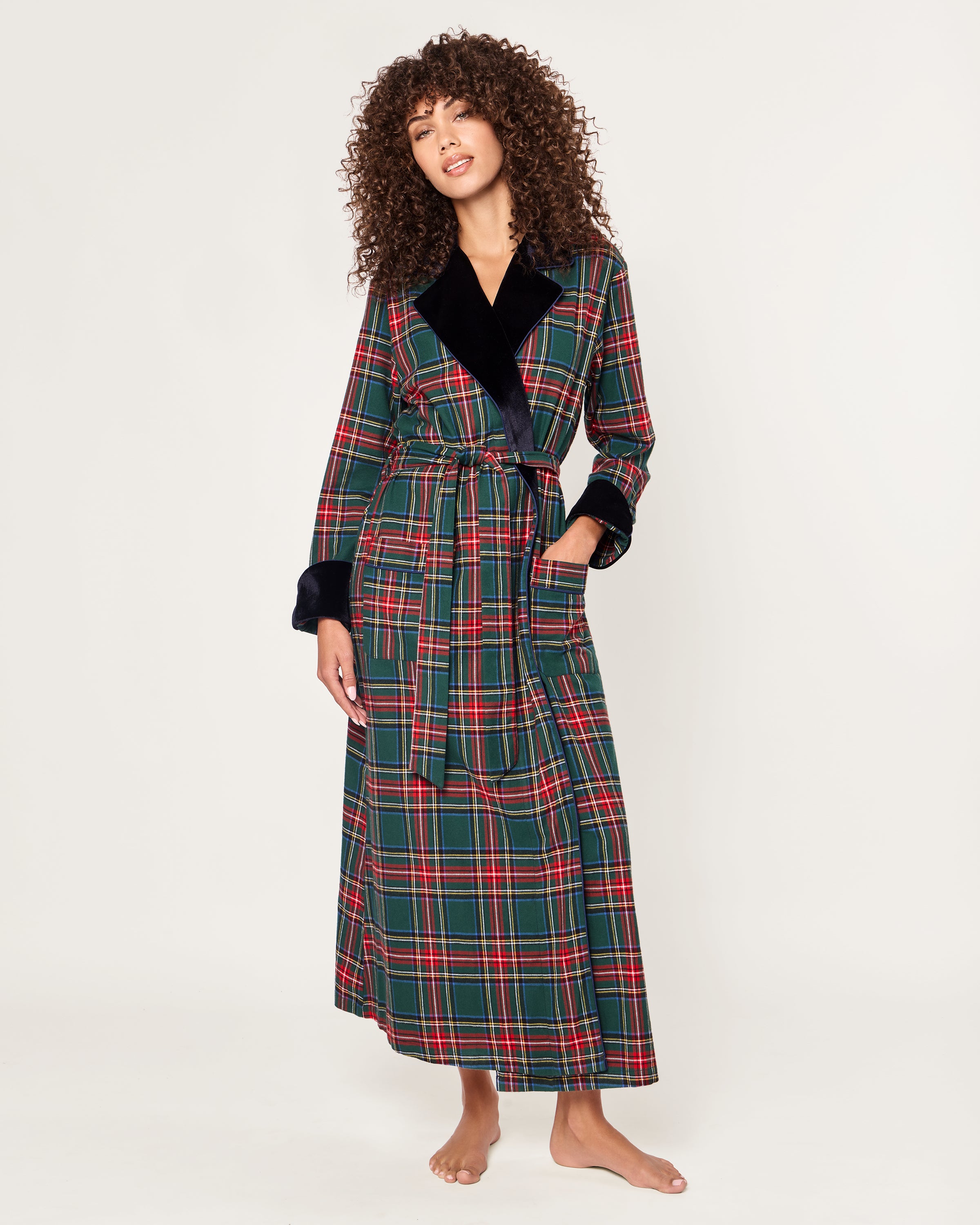 Women's Brushed Twill Velvet Trim Robe in Kensington Tartan