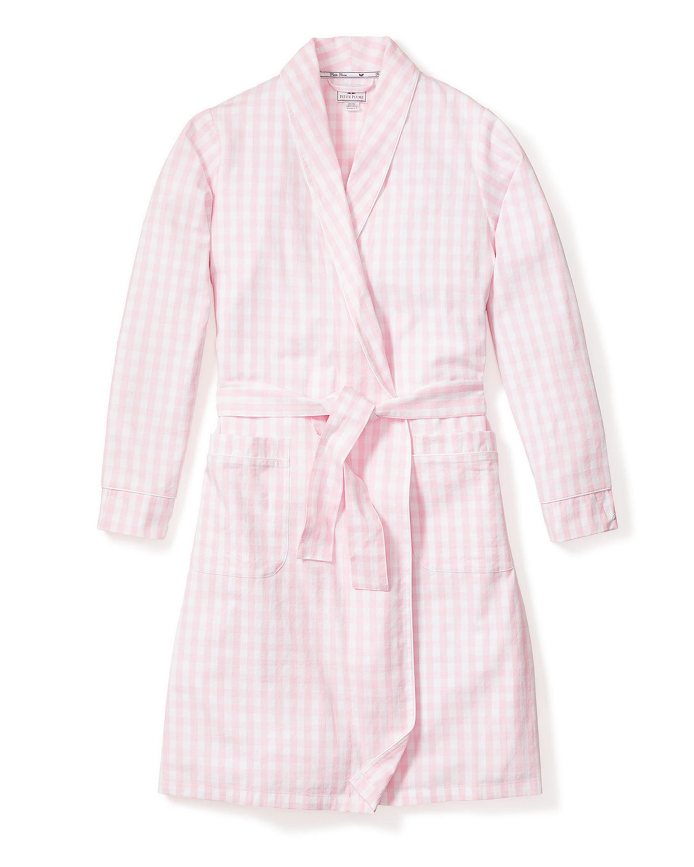 The Women's Twill Robe in Pink Gingham features long sleeves, a shawl collar, front pockets, and a matching fabric belt at the waist, shown laid flat on a white background.