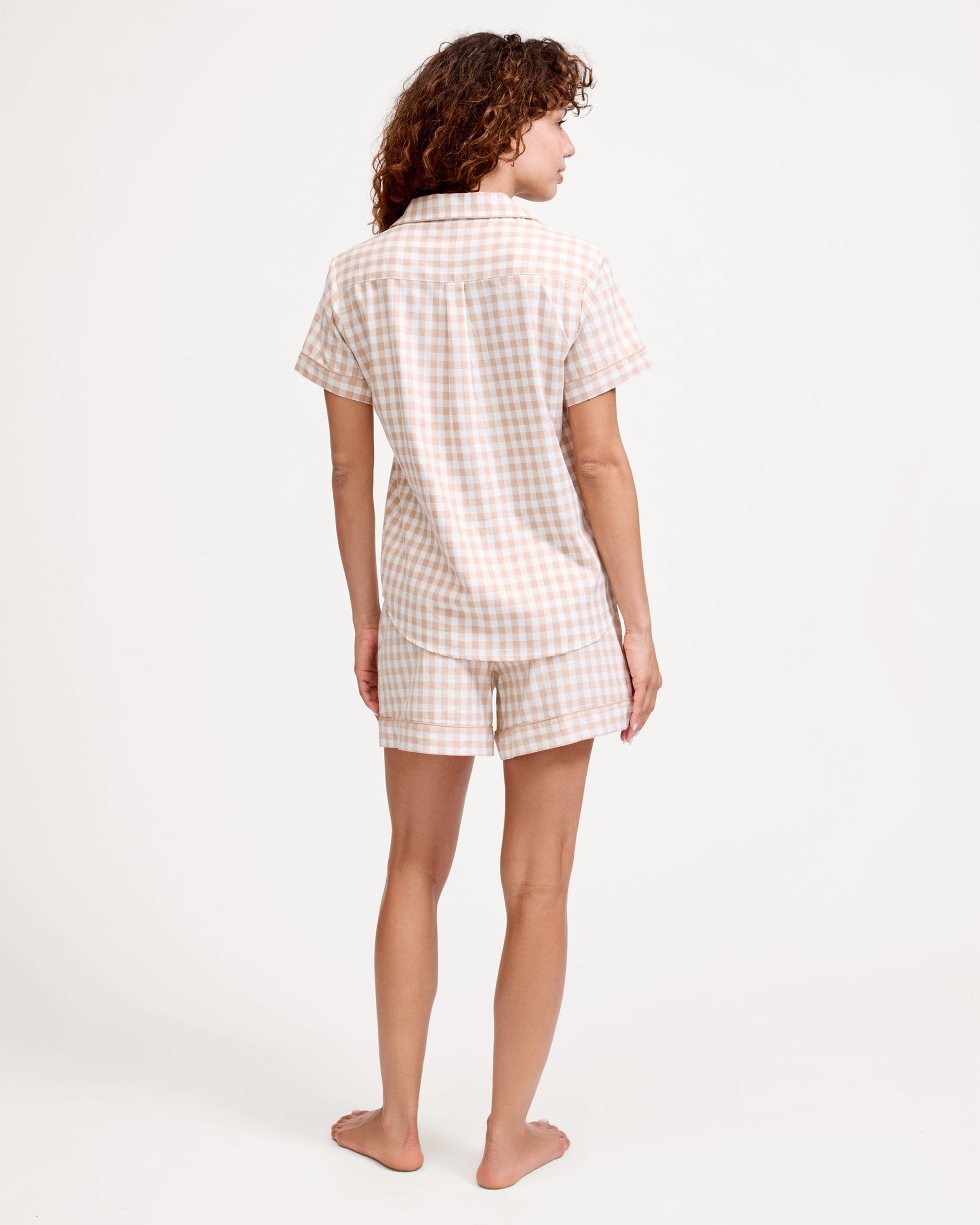 Women's Twill Short Sleeve Short Set in Camel Gingham