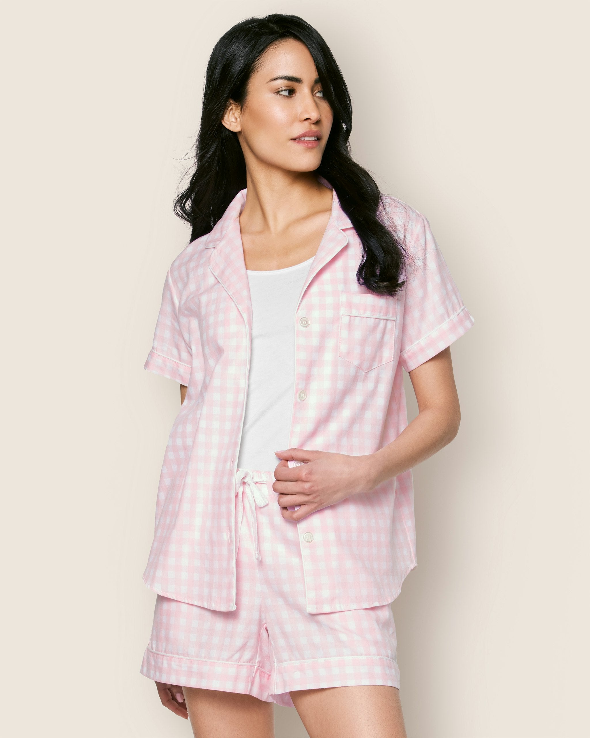 Women's Twill Short Sleeve Short Set in Pink Gingham in Pink Gingham#Color_Pink Gingham