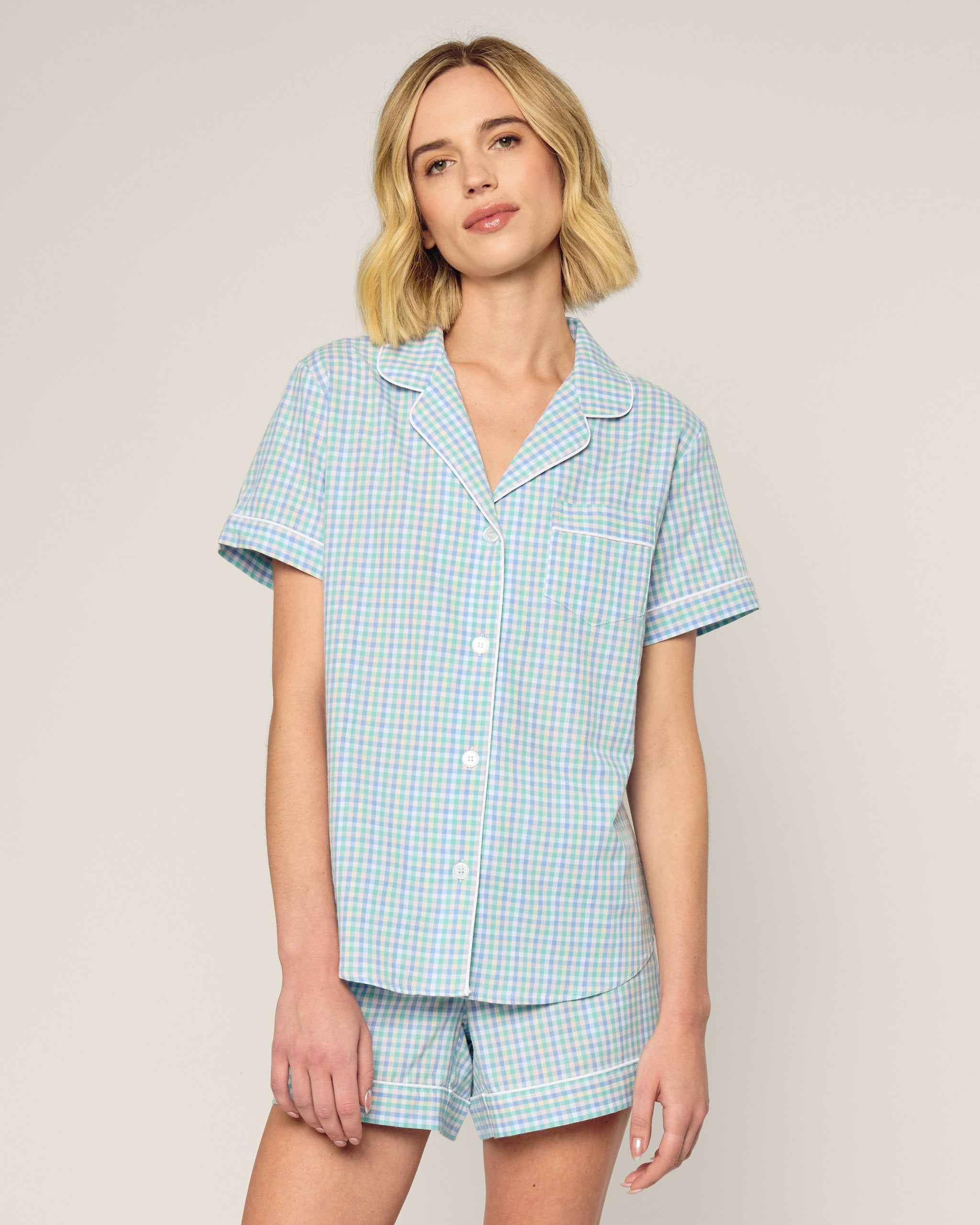 Women's Twill Short Sleeve Short Set in Pink Gingham in Spring Gingham#Color_Spring Gingham