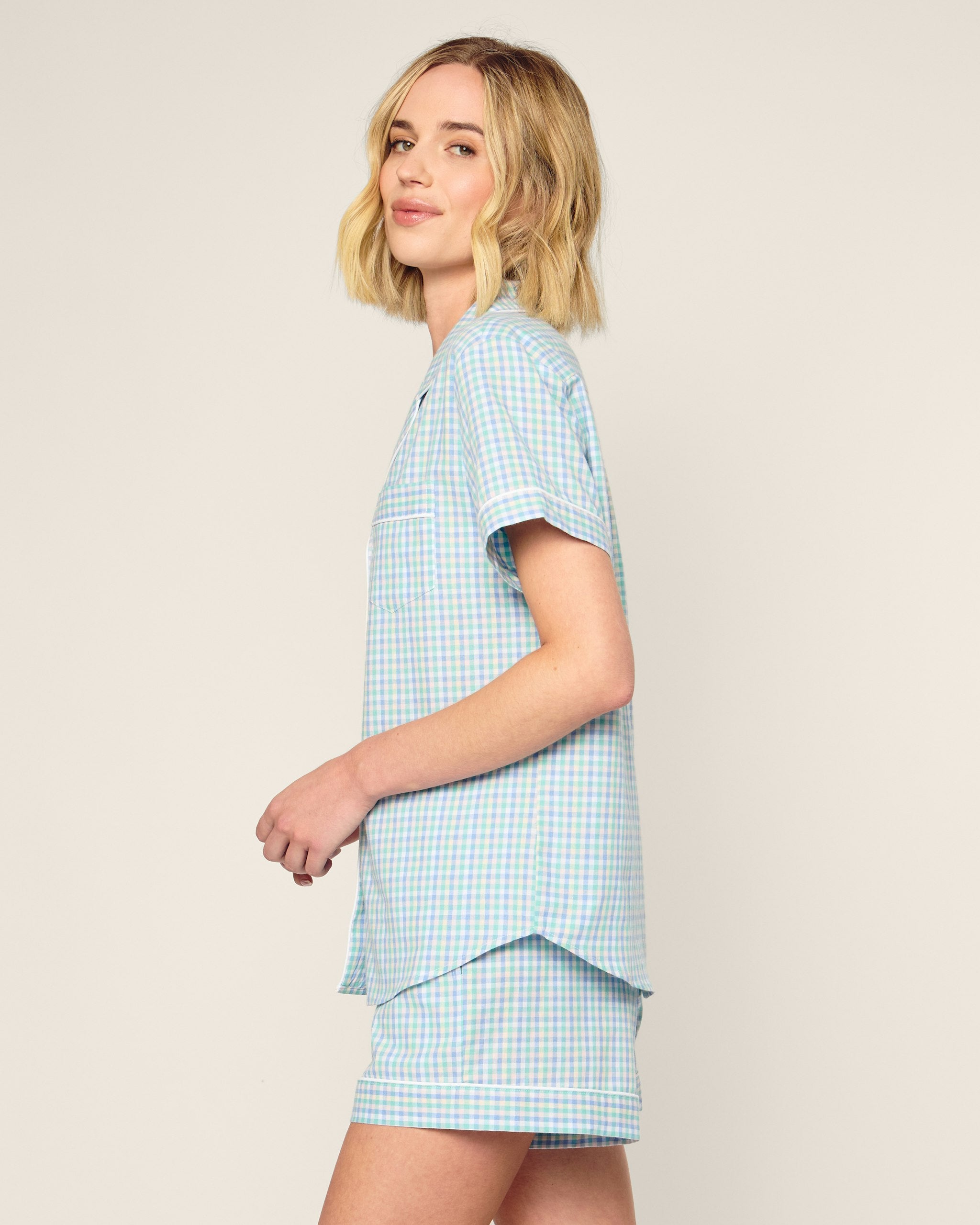 Women's Twill Short Sleeve Short Set in Pink Gingham in Spring Gingham#Color_Spring Gingham